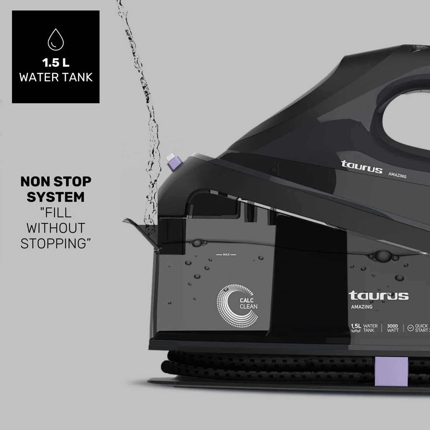 Taurus Amazing – Centro de planchado SSD3002 | 3000W | Depósito 1,5L | Suela cerámica | Golpe Vapor 130g/min | Pantalla digital | Antigoteo | Antical | Autolimpieza | Auto apagado
