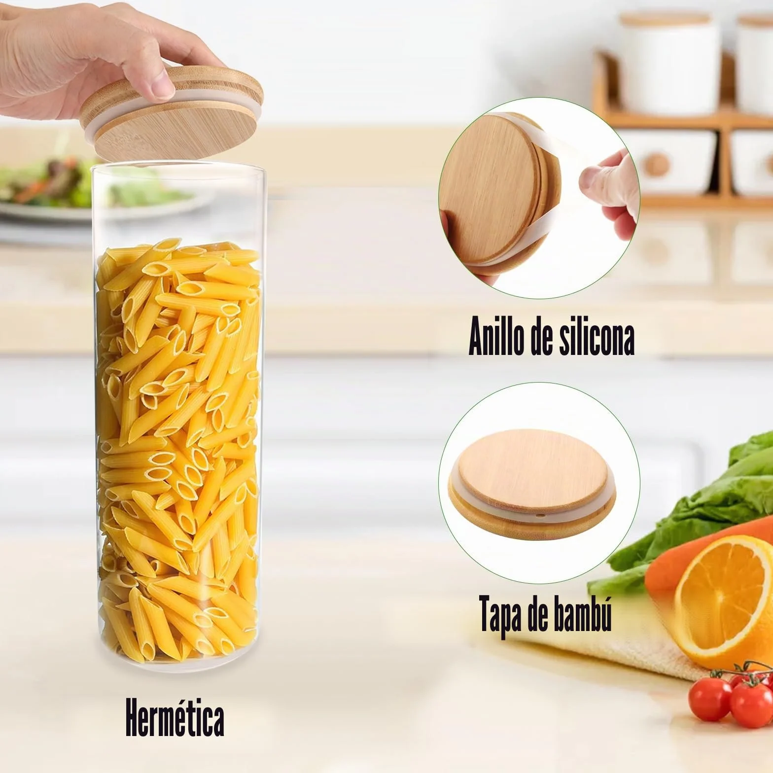 Juego de 5 tarros de cristal con tapa, 2100 ml con tapa, herméticos para espaguetis, fideos, cereales