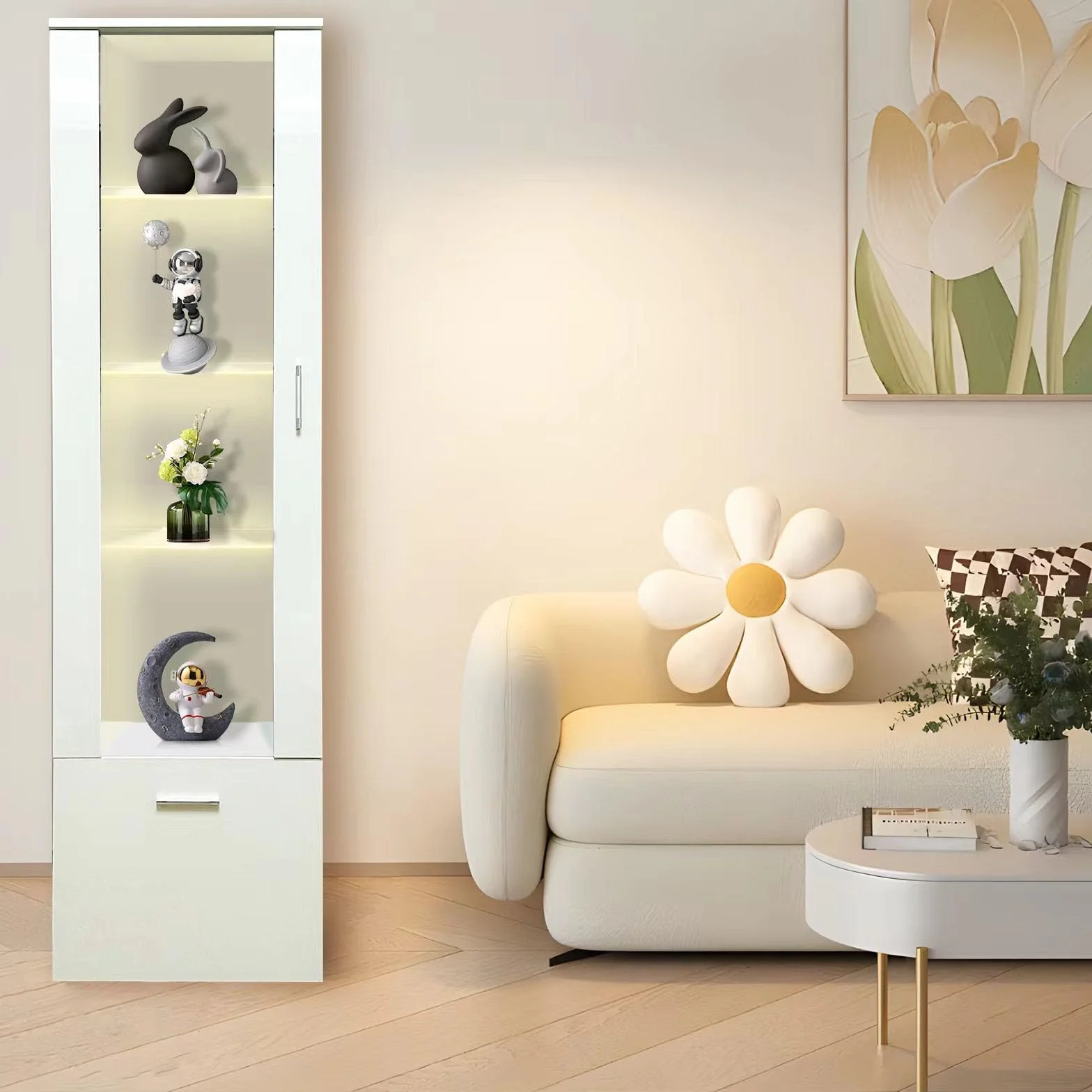 Vitrina LED con Puerta Y Estantes de Cristal, Luces para Armario de Almacenamiento, para Salón De Oficina, 42 x 30 x 160 cm (1, Blanco)