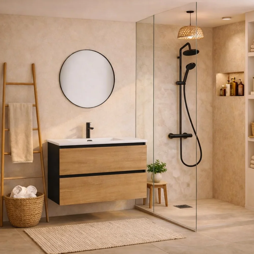 Baikal Mueble de Baño Lia. Mueble MONTADO. 2 Cajones Suspendido con Lavabo Ceramico. Armario de Baño. Cierre Amortiguado. Altura 64cm. 90cm. Negro - Nature