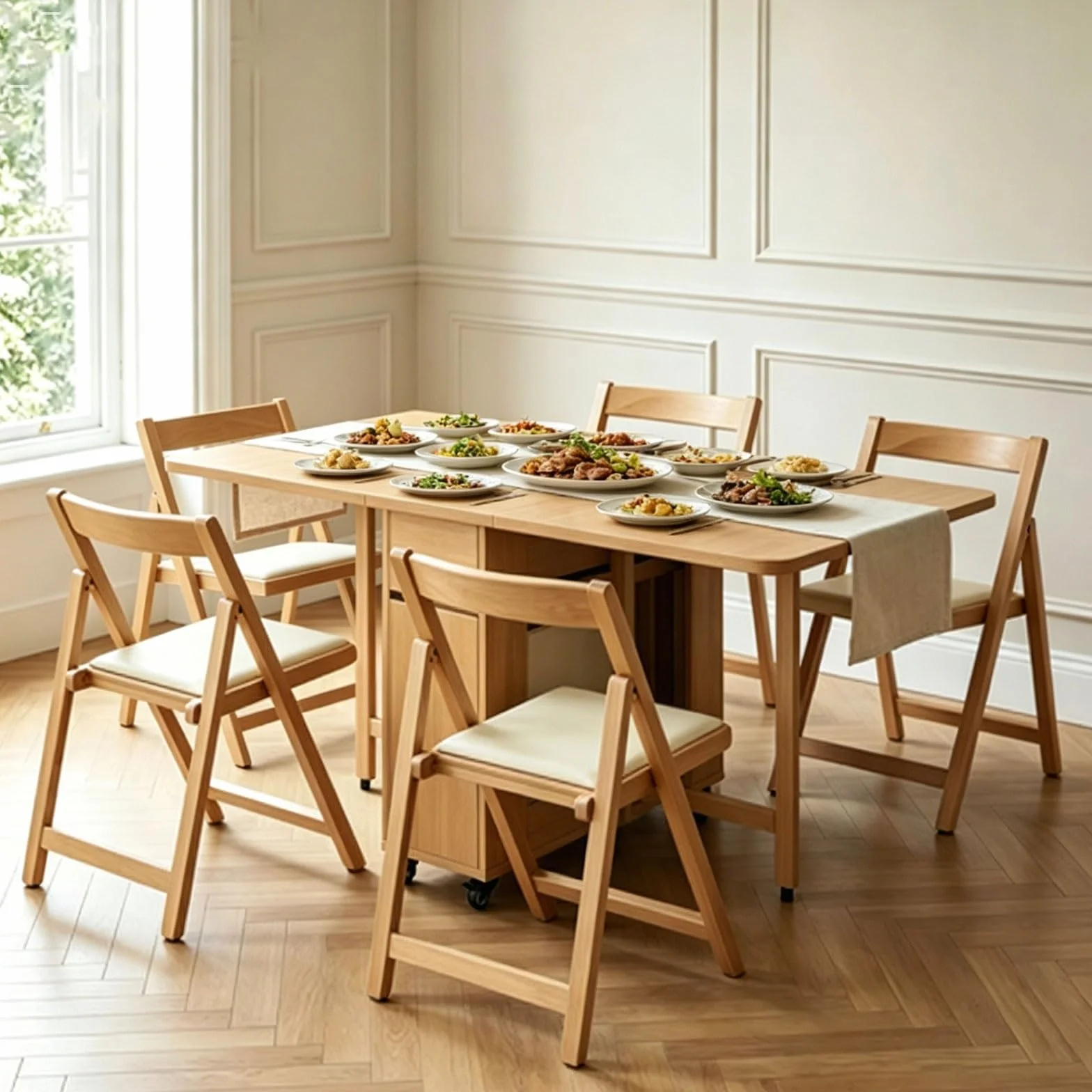 Juego de Mesa de Comedor Plegable, Comedor Extensible Que Ahorra Espacio con 2 cajones de Almacenamiento Ocultos y 4 Ruedas, Mesa Auxiliar abatible for Apartamentos y hogares