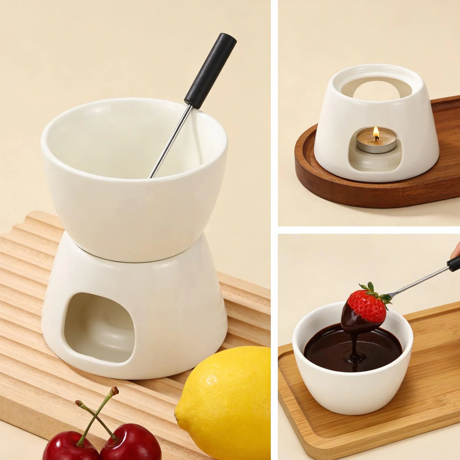 Set de Fondue de Chocolate 300 ml – Olla de Cerámica con 2 Tenedores, Mini Cazuela