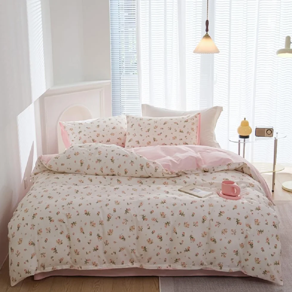 Lanqinglv Ropa de cama de 200 x 220 cm, color rosa y blanco con flores y hojas, reversible, para alérgicos, juego de ropa de cama Aesthetic ÖKO-TEX con funda nórdica con cremallera y 2 fundas de