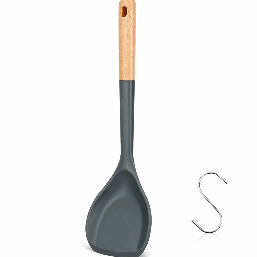Espátula de wok, espátula de silicona con mango de madera resistente al calor, utensilios de cocina, cuchara para recoger, voltear, agitar, cocinar antiadherente duradero sin BPA, 13.2 pulgadas