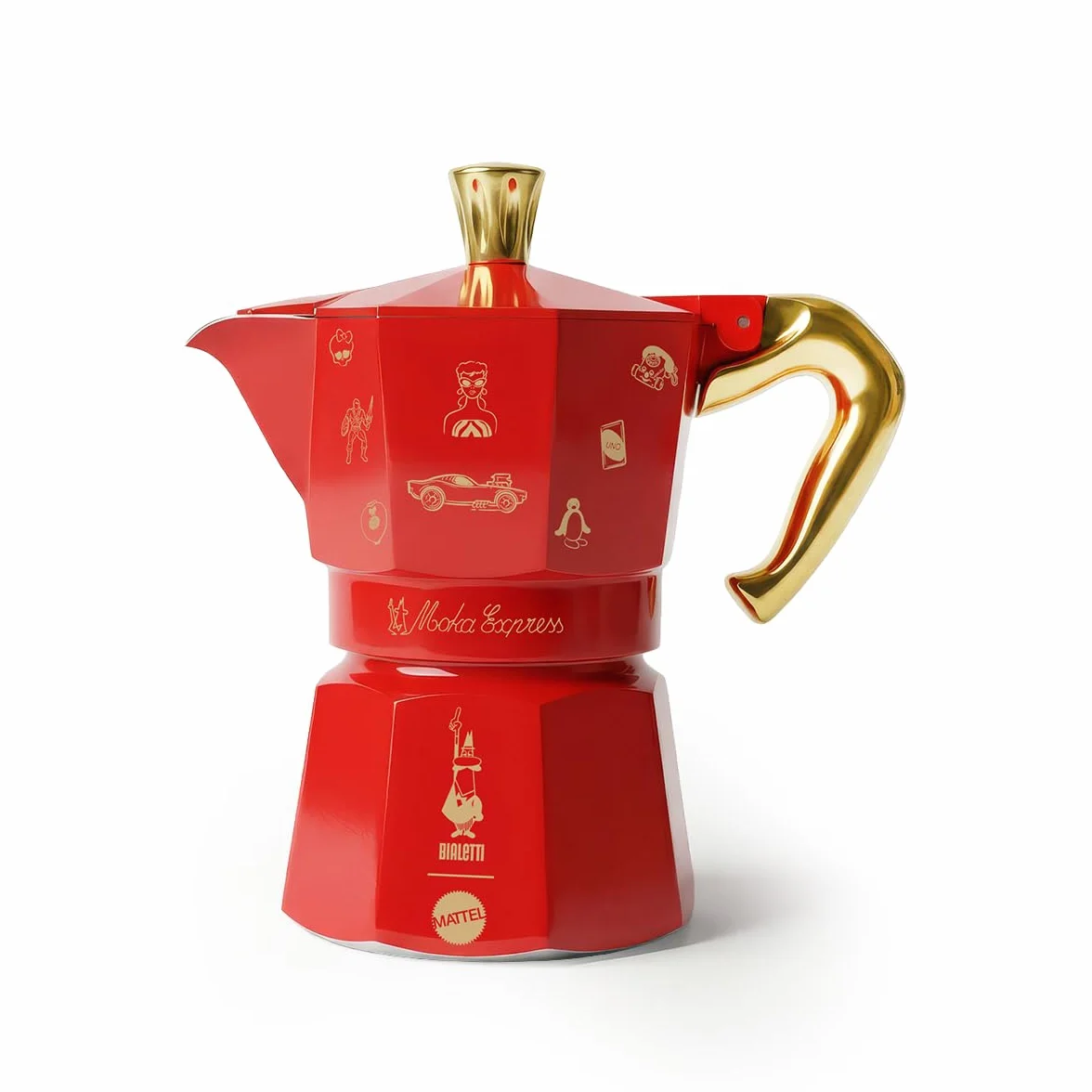Bialetti Moka Express de 3 tazas (130 ml) Edición Mattel Octagésimo, cafetera de colección con lata celebrativa - Fabricada en aluminio, no apta para inducción, roja