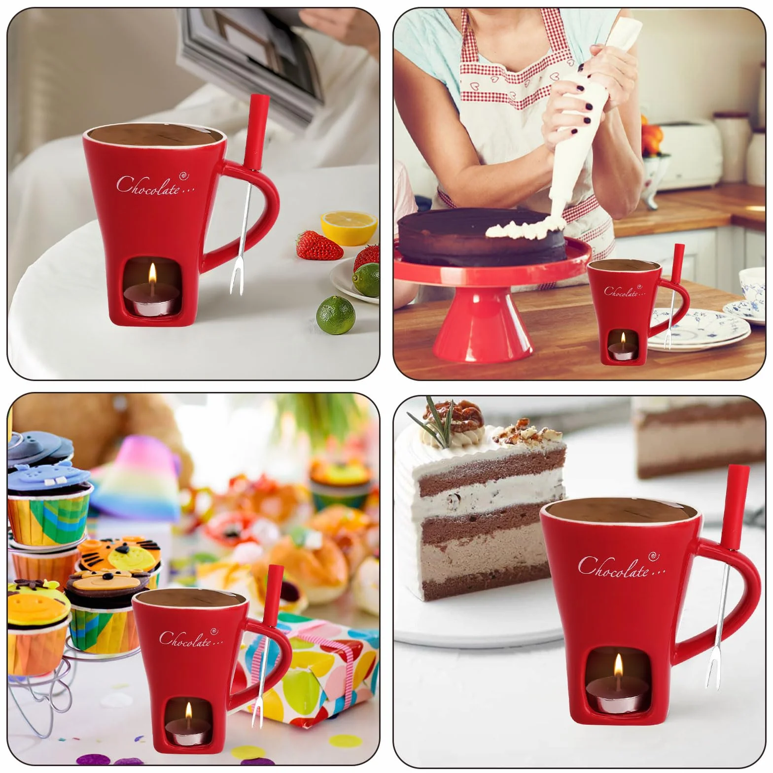 Taza de cerámica para fondue de chocolate 130 ml con portavelas y tenedores