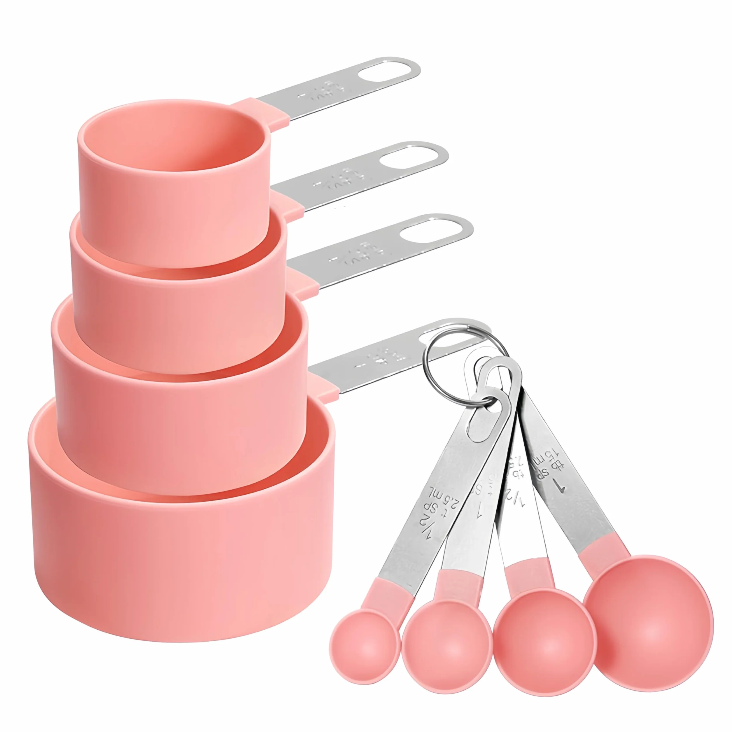 Juego de 8 tazas y cucharas medidoras de acero inoxidable, rosa