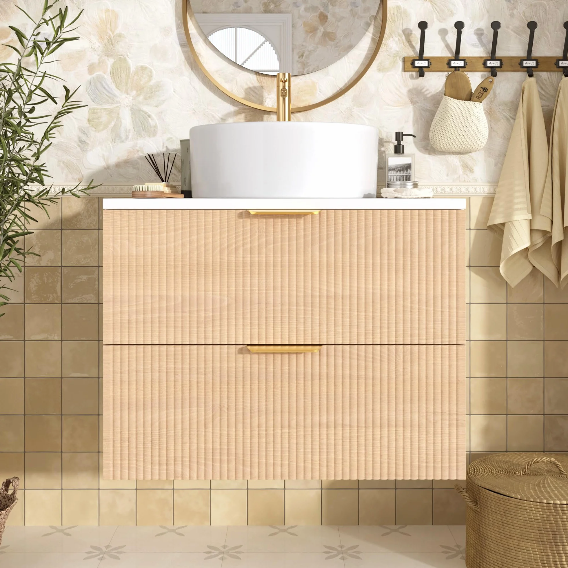 Mueble de baño redondo de cerámica de 60 cm montado en la pared con cajones de madera con diseño de rayas, tablero MDF, capacidad de almacenamiento: 2 cajones + encimera, madera natural
