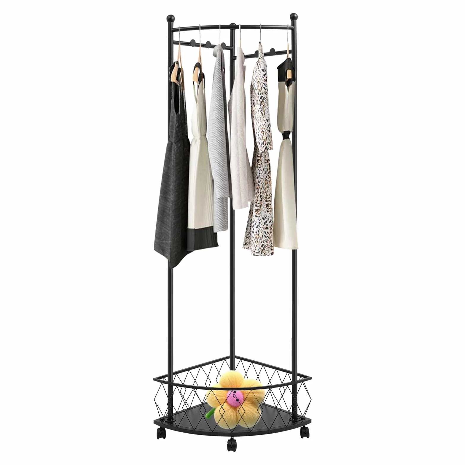 Perchero móvil con cesta de almacenamiento, perchero de esquina de metal con 4 ruedas, perchero de esquina independiente con 6 ganchos para ropa, sombreros, bolsos, pasillo, entrada (negro)