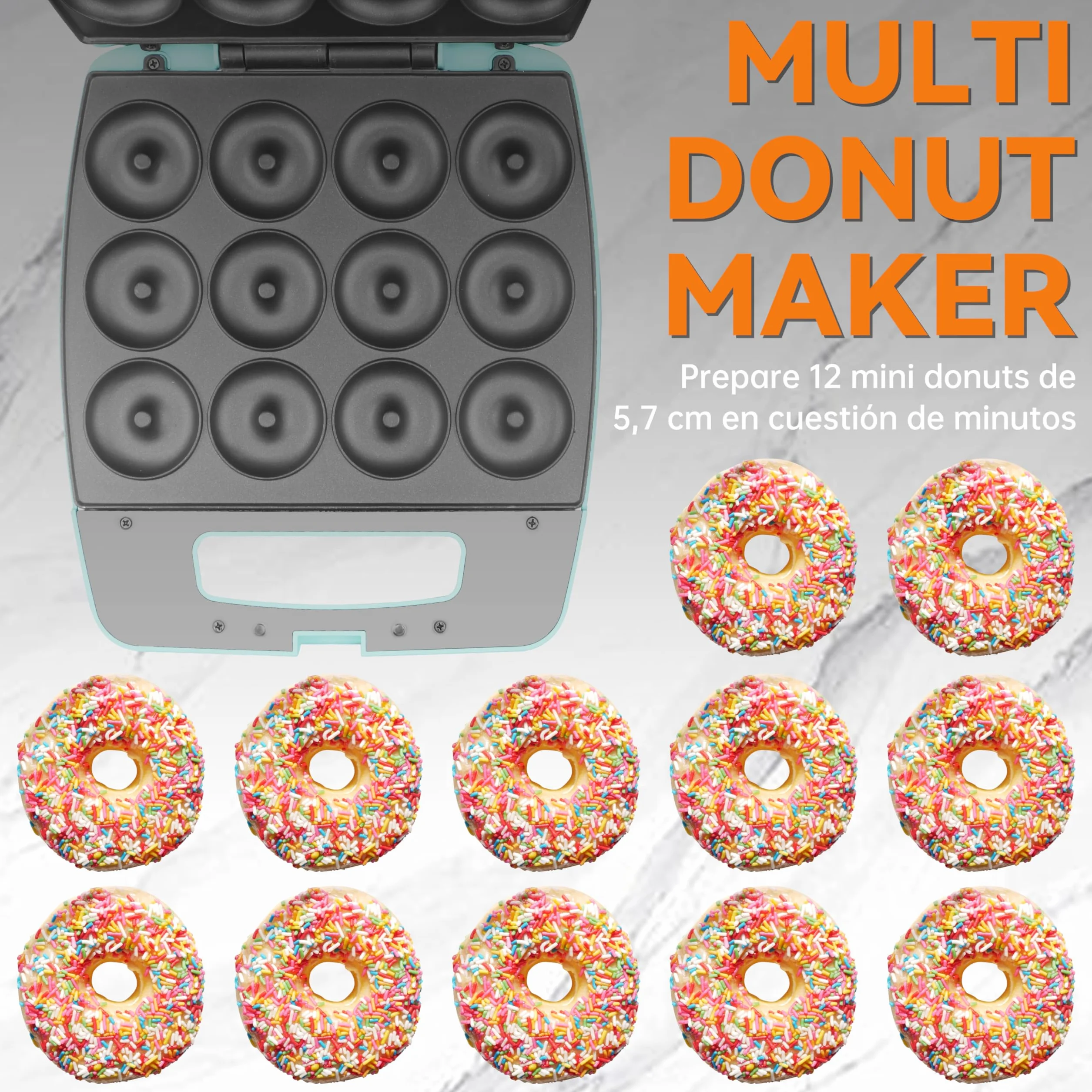 Baker's Friend, Mini máquina para hacer donuts, maquina donuts, donetes, hornea 12 mini donuts, perfectos para desayunos, meriendas, postres y mucho más, Aqua