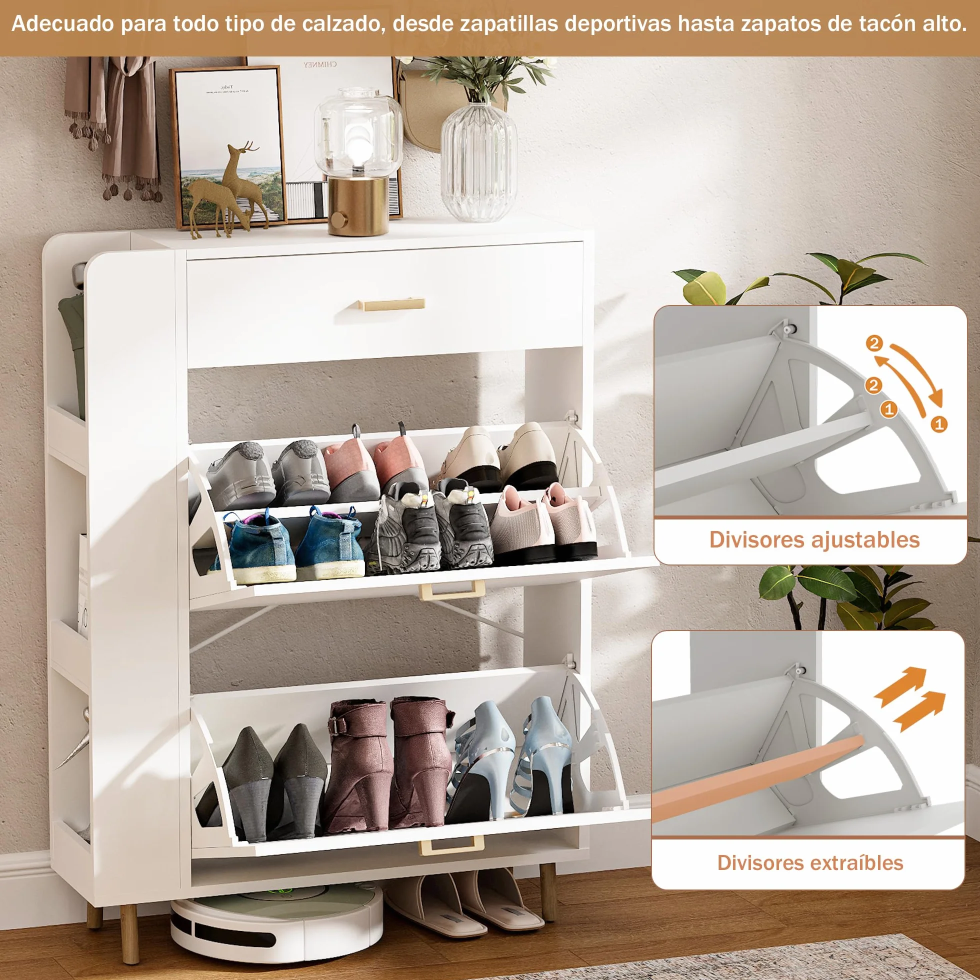Zapatero 2 Puertas Estrecho Mueble Zapatero con 1 cajón y 3 Compartimentos de Almacenamiento con 4 Patas de Madera Maciza para Sala de Estar, Pasillo de Entrada, 80x24x110cm Blanco