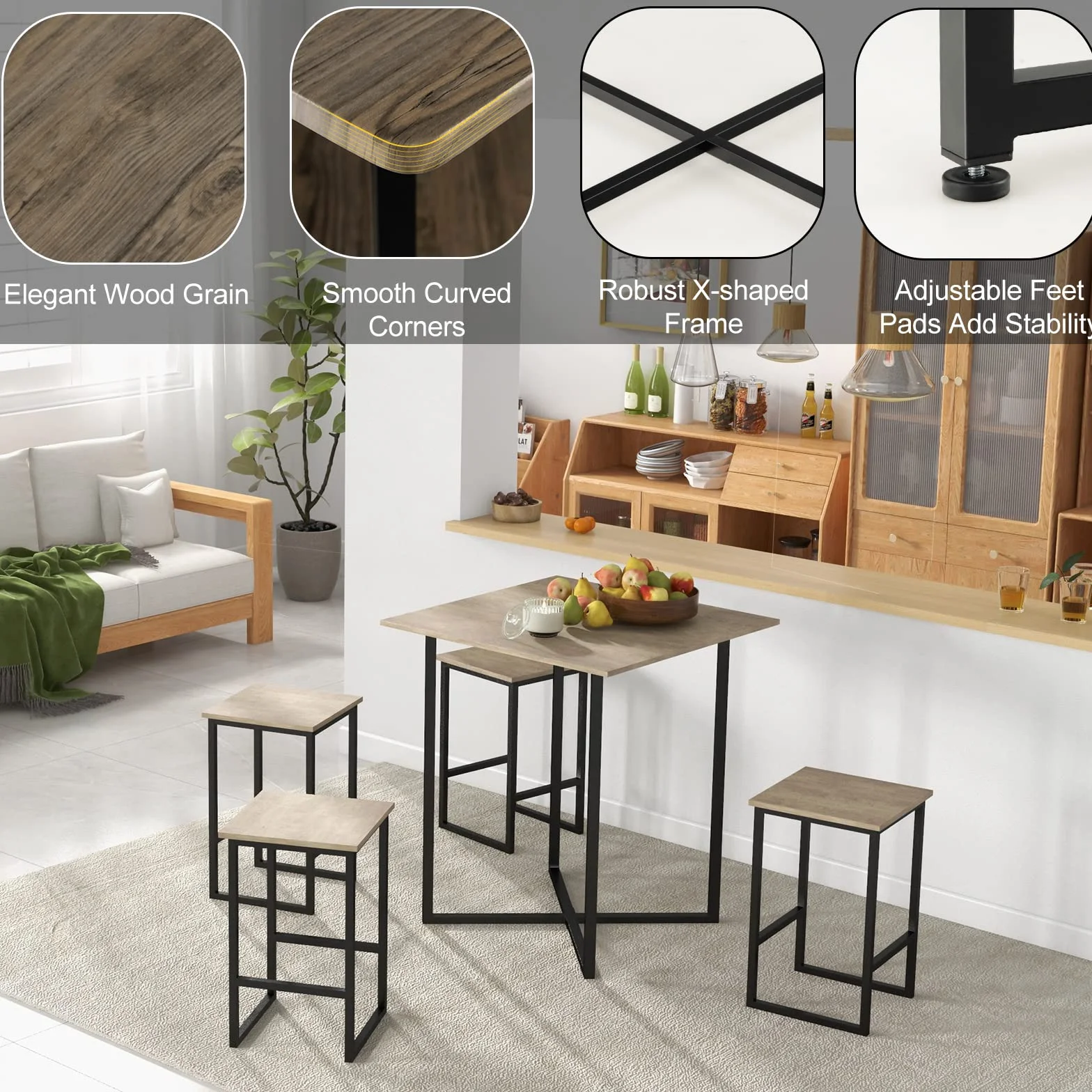 HOMASIS Mesa de bar con taburetes, juego para 4 personas, madera, decoración industrial
