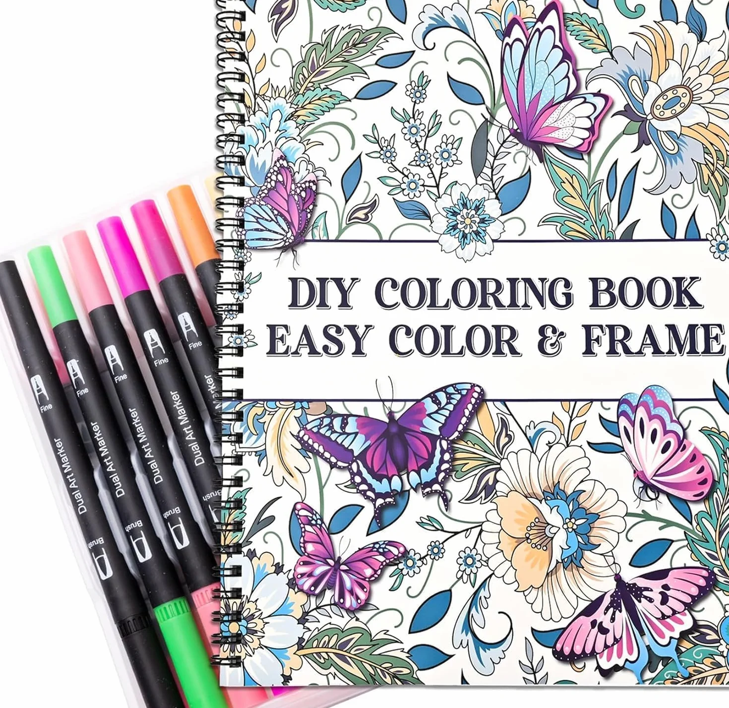Juego de libros para colorear para adultos con 36 marcadores de colores, libros para colorear encuadernados en espiral con flores de mandala, patrones de animales para mujeres adultas, relajación y