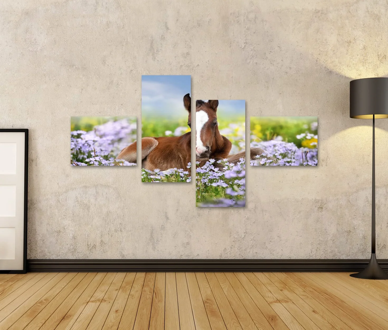 islandburner - Cuadro sobre lienzo (potro lindo sobre flores de prado, pequeño caballo suave para habitación de los niños, marco para póster de pared