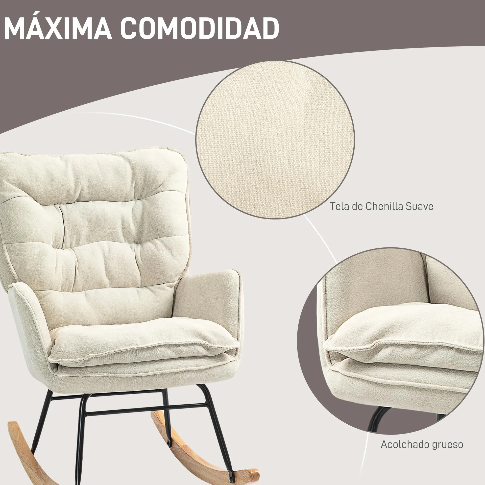 HOMCOM Mecedora Tapizada en Chenilla Silla Mecedora con Patas de Madera de Haya y Reposabrazos Mecedora para Lactancia Carga 120 kg para Dormitorio Salón Beige