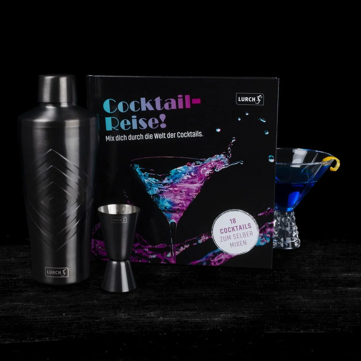 Lurch 240798 - Juego de coctelería (3 Piezas, coctelera, Jigger/Bar y Libro de cócteles, Set de Regalo y Principiantes)
