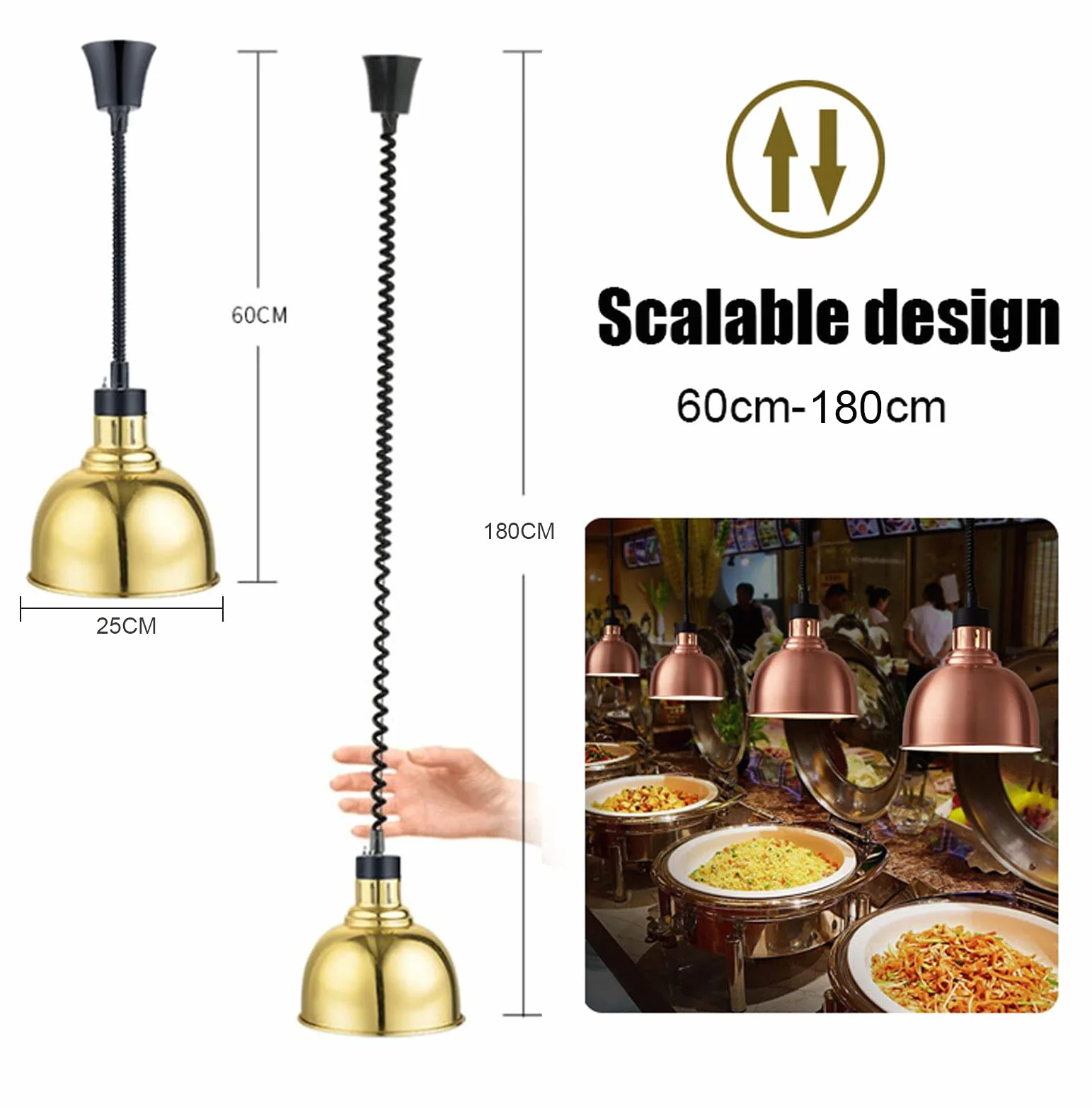 Lámpara de Calor de Alimentos, Colgante Lámpara de Calentamiento de Alimentos Calentadores de Comida y de Platos para Bufé, Comerciales 60-180cm Ajustable Lampara de Calor