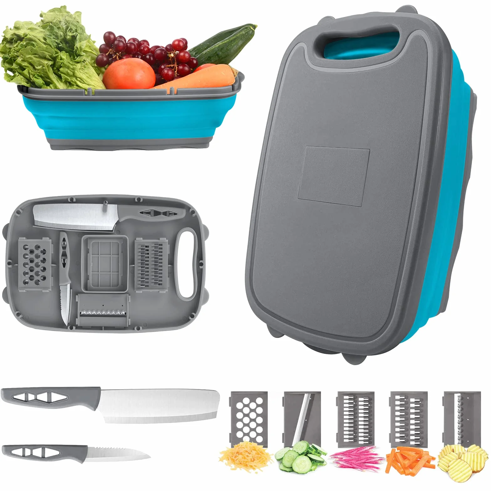 NINGER Tabla de cortar multifunción 9 en 1 plegable para cocina con cortadores y cuchillos
