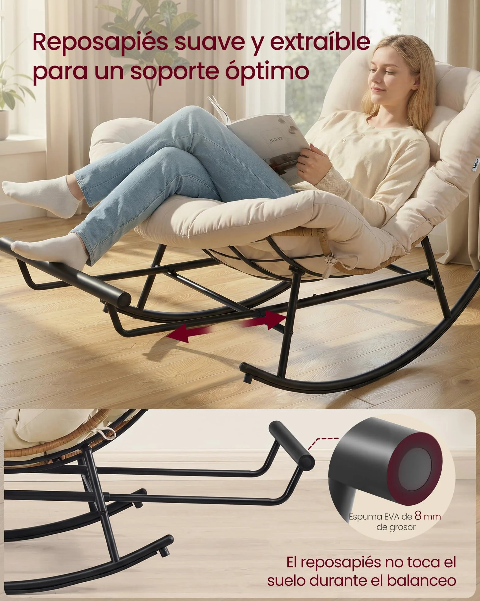 VASAGLE Silla Mecedora, Mecedora con Marco de Acero, Reposapiés Extraíble, Cojín Extraíble, Carga de 136 kg, Dormitorio, Sala de Estar, Terraza, Jardín, Beige LYY062WZ01
