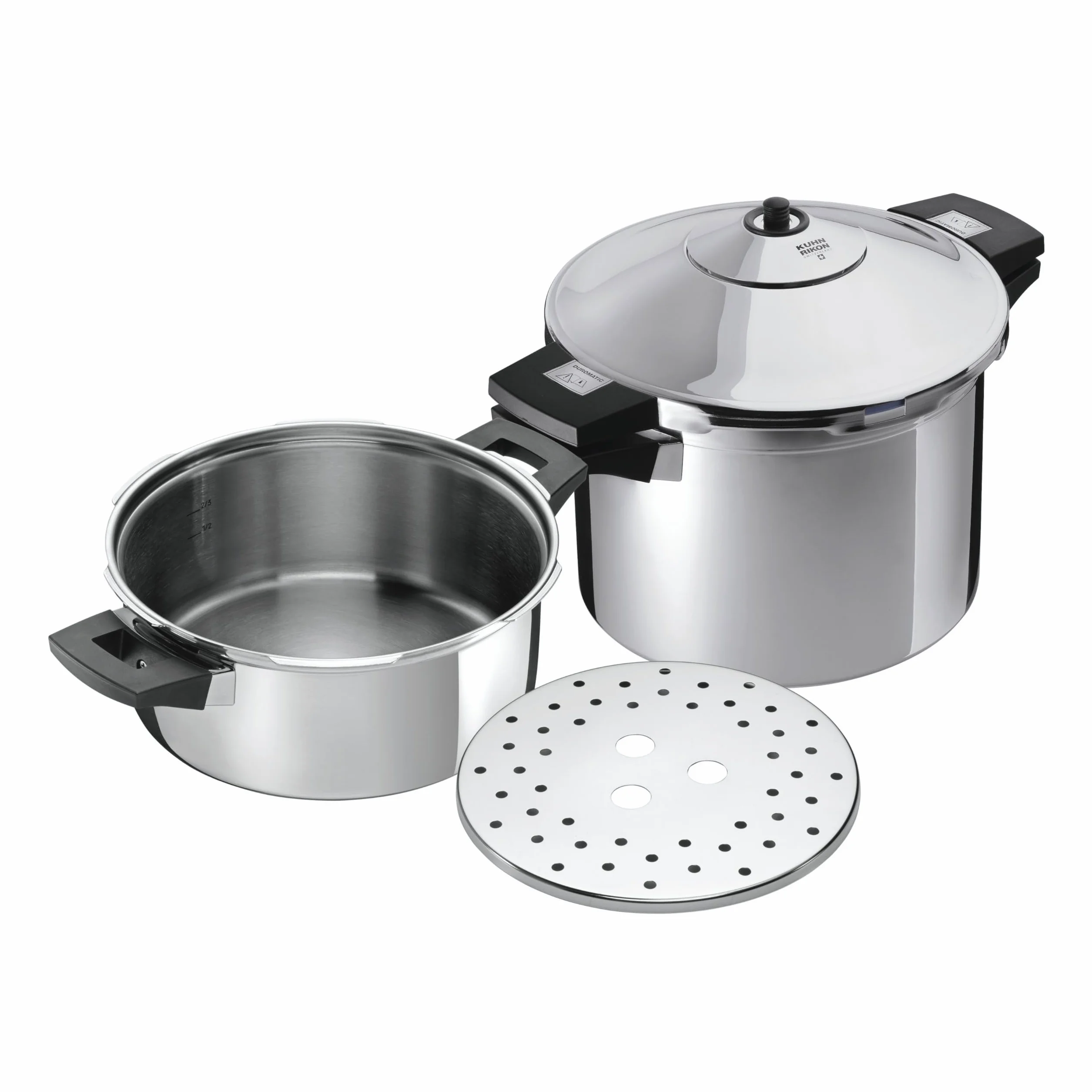 Kuhn Rikon Set Duromatic Inox, Olla a Presión Super Rápida con Asas, Olla Express Apta para Inducción, Óptima Distribucion del Calor, Acero Inoxidable18/10, Set olla 8L/24cm + cuerpo 4L/24cm