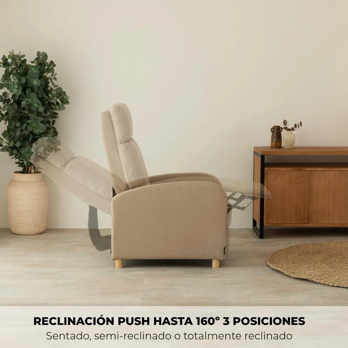 ZZ DON DESCANSO - Sillon Relax Reclinable Tela Verona (63x74x105cm). Sillón Reclinable Compacto con Reposapiés, Apertura Push, 2 Posiciones y Posición Cero, Butaca Reclinable hasta 160º (Arena)