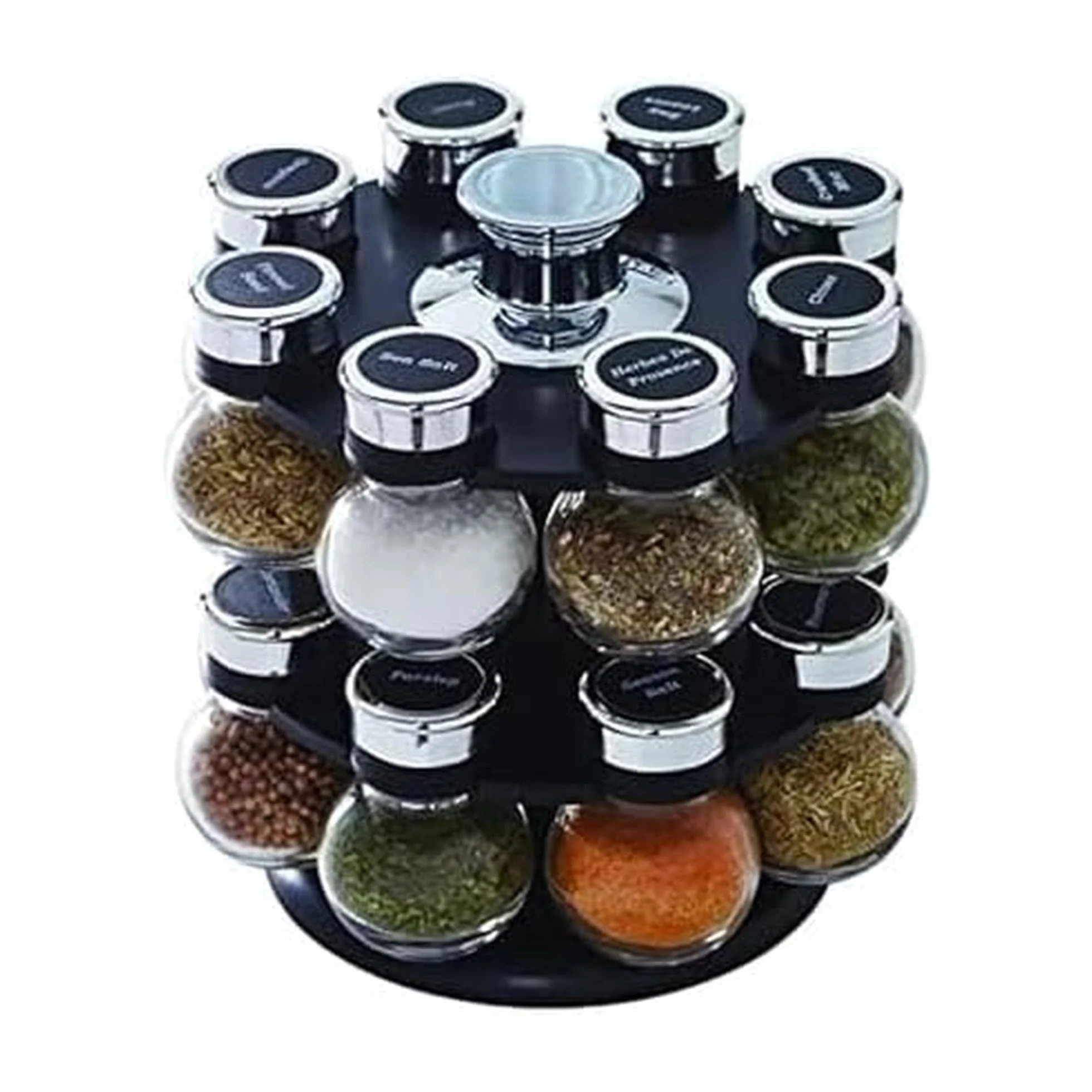 Kamenstein Ellington - Especiero giratorio para encimera de 16 tarros con tapas de elevación y vertido y especias incluidas, recambios de especias gratis durante 5 años: negro y cromado