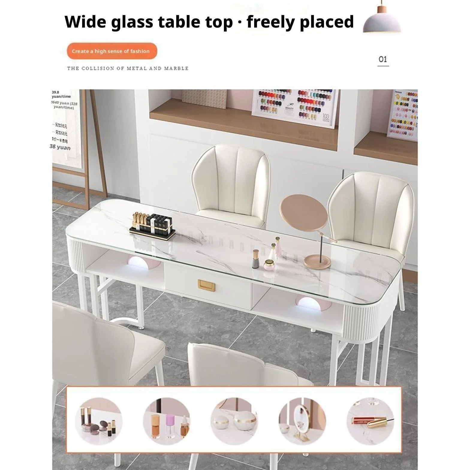Estación de Manicura Moderna, Mesa de Manicura con Cajones Estación de Trabajo Profesional de Cristal con Estantes Abiertos para Salón de Manicura, Oficina(Style 2,100x40x76cm)