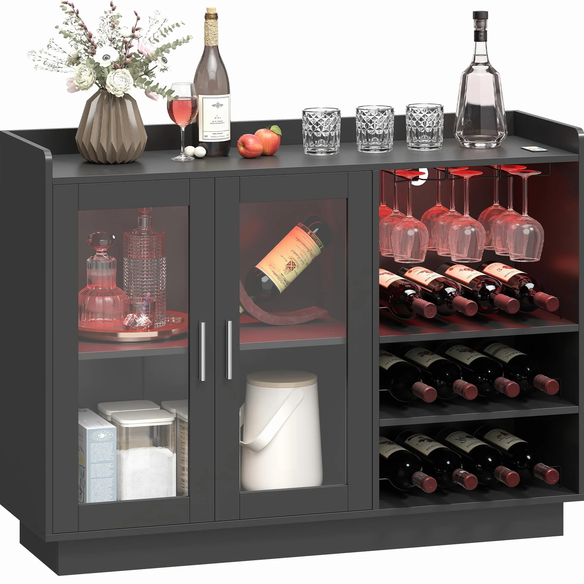 HOMCOM Mueble de Bar, Armario Buffet para Vinos con Luces LED RGB y Botellero para 12 Botellas, Aparador de Cocina con Estante Ajustable y Puertas de Cierre Suave, para Comedor, Salón, Negro