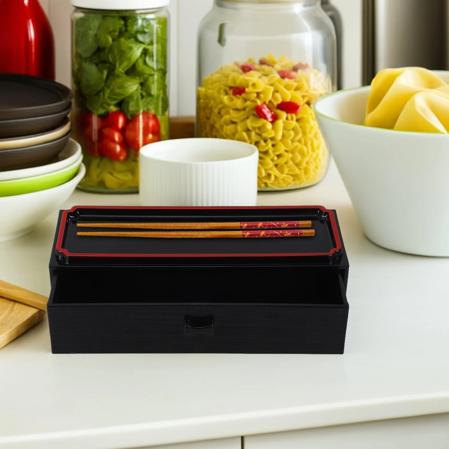 Operitacx Caja Organizadora para Palillos y Cubiertos de Madera Negra Diseño Japonés, Extraíble y Portátil, Contenedor para Almacenamiento Higiénico en Cocina, 1 Unidad
