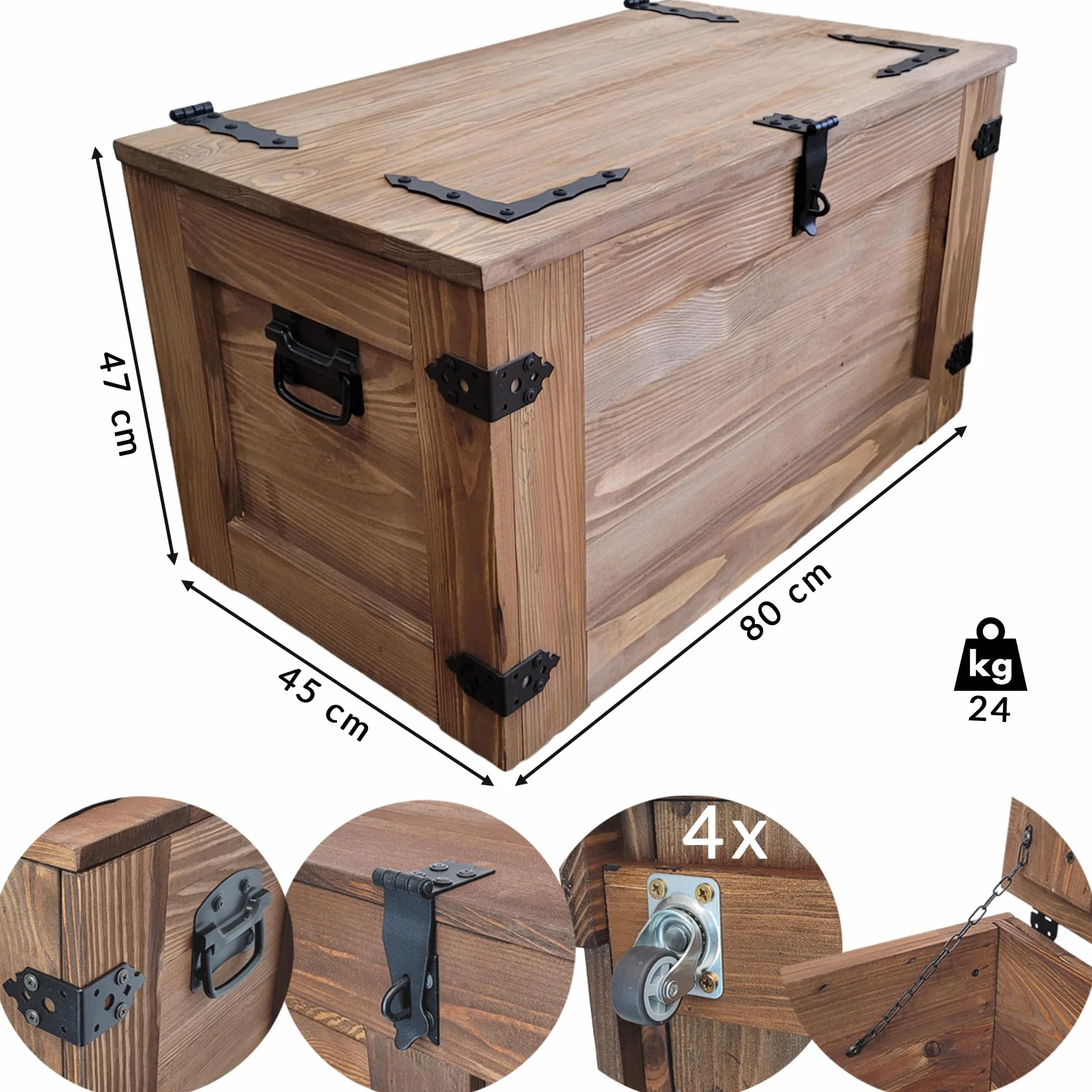 weeco Baúl de madera con estante móvil y ruedas, caja de madera con cajón deslizante, cofre del tesoro de madera, caja de almacenamiento con tapa plegable, 80 x 47 x 45 cm, 24 kg, color wengué
