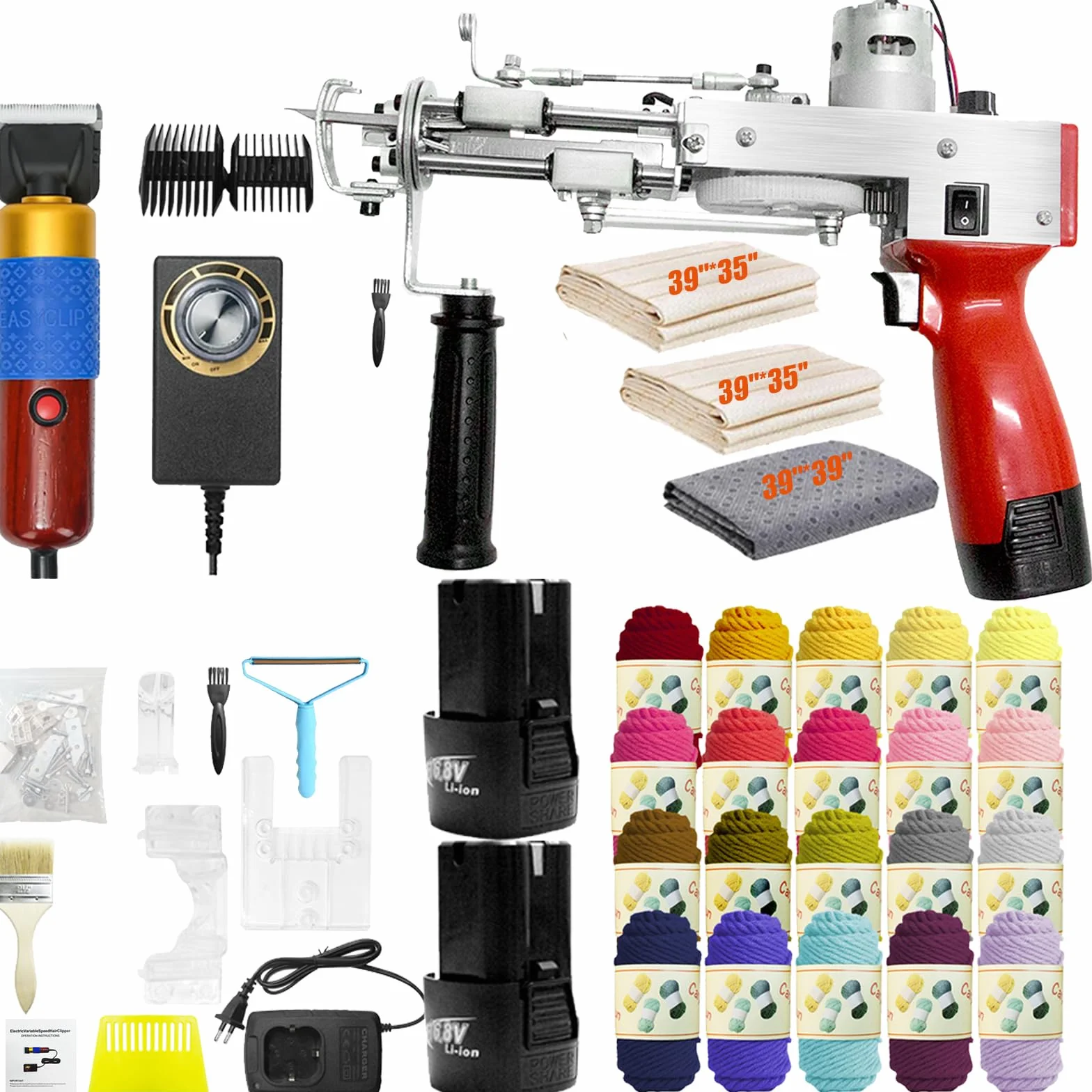 Aisny Pistola Mechones, Juego Mechones Máquina para Alfombras Cortador Alfombras 2 * 2600 mAh Batería para Pelo Cortado Y Pila Bucles 20 Rollos Hilo con Paños Mechones con Pistola Mechones