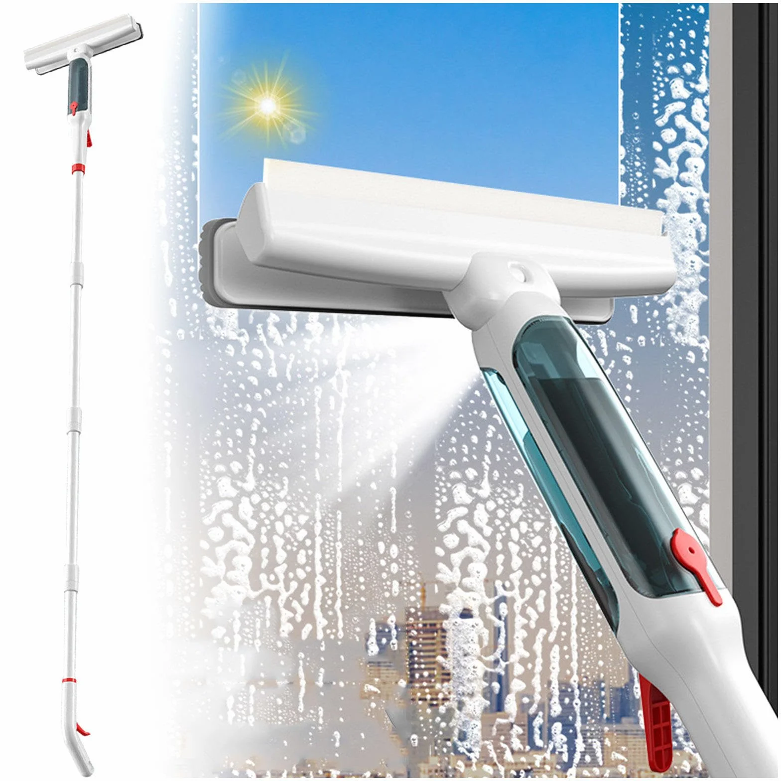 4 en 1 Spray Limpiacristales con Varilla De Extensión, Rasqueta Limpiacristales con Colector De Aguas Residuales Y 5 Paños para Ventanas Altas Interiores/Exteriores