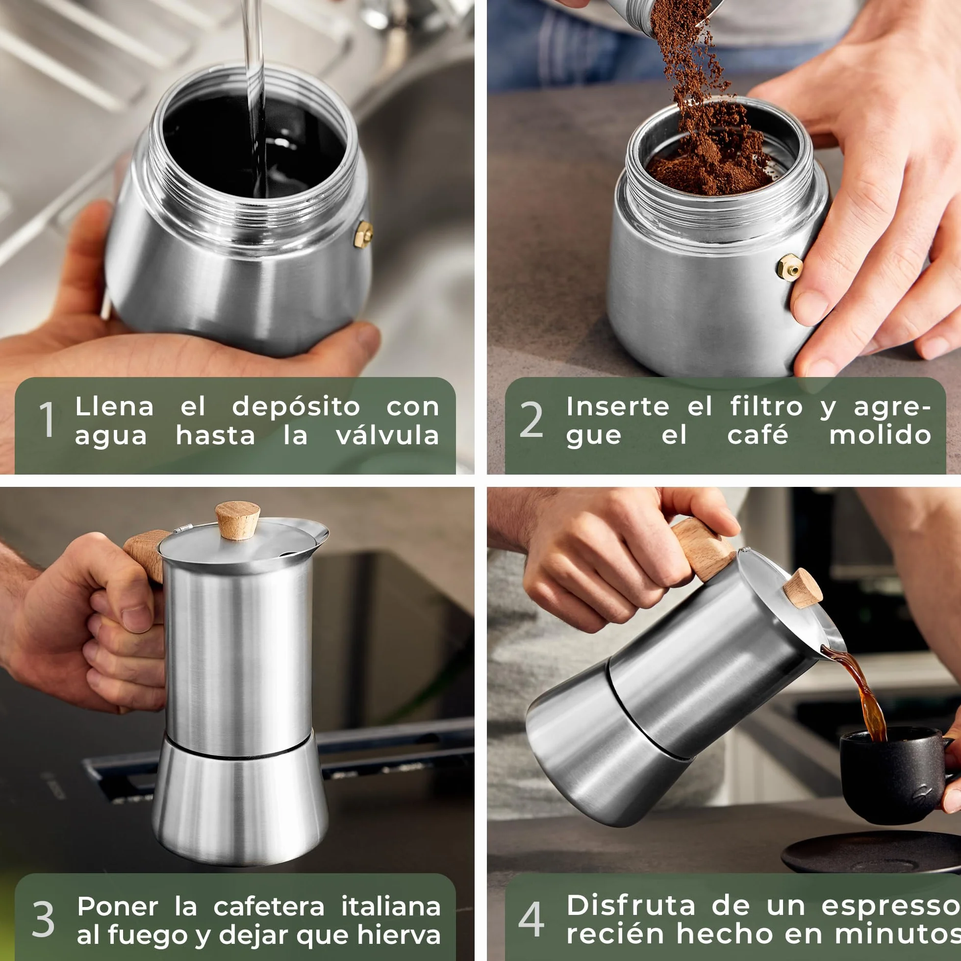 WALDWERK Cafetera italiana induccion (300 ml) – Cafetera italiana acero inoxidable todo tipo de cocinas – Cafetera induccion con mango de auténtica madera de roble
