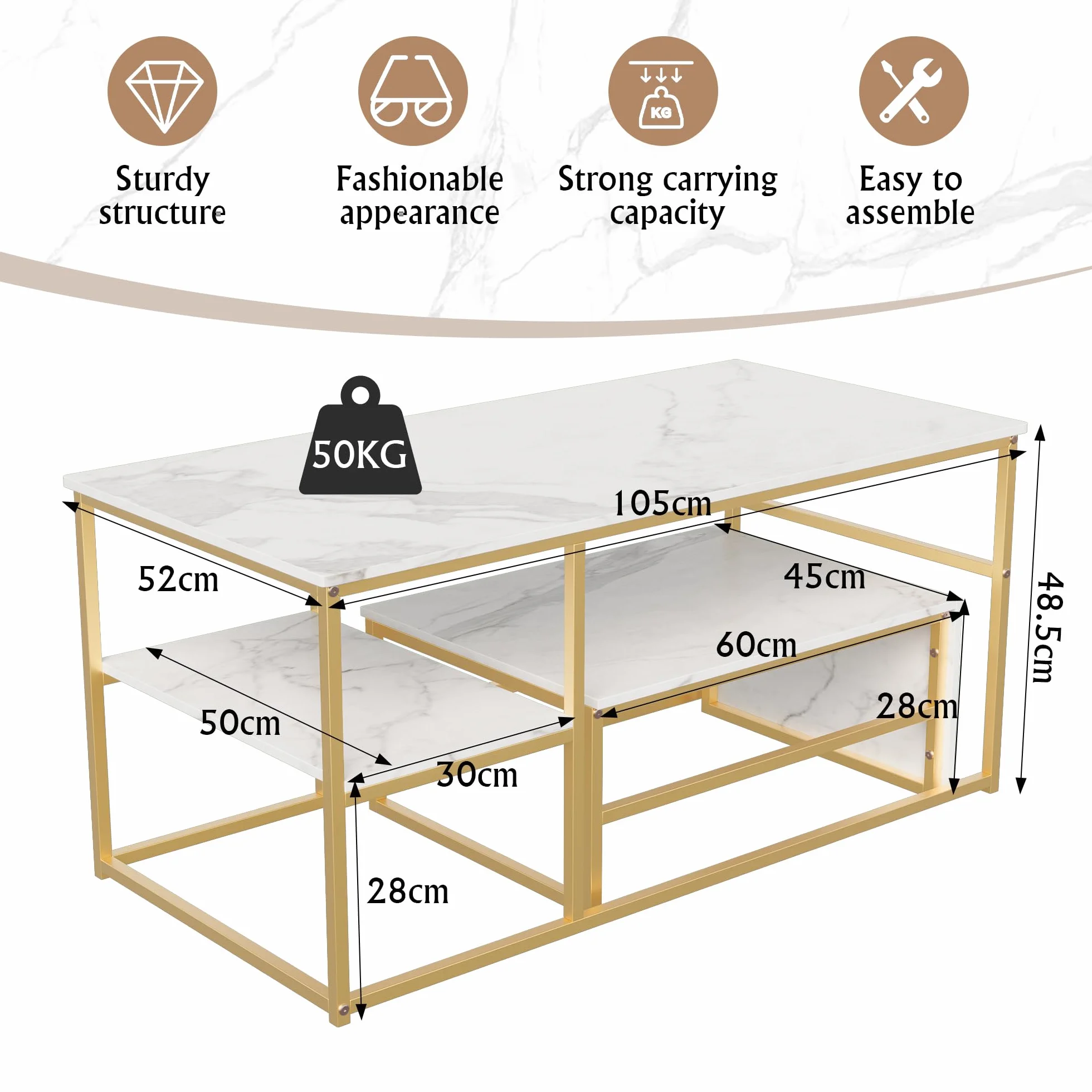 Juego de 2 Mesas de Salón Rectángulo: Mesa Centro + Auxiliar - Mesa de Café Anidables con Estructura Metal para Sala de Estar,Modernas,Blanco Dorado
