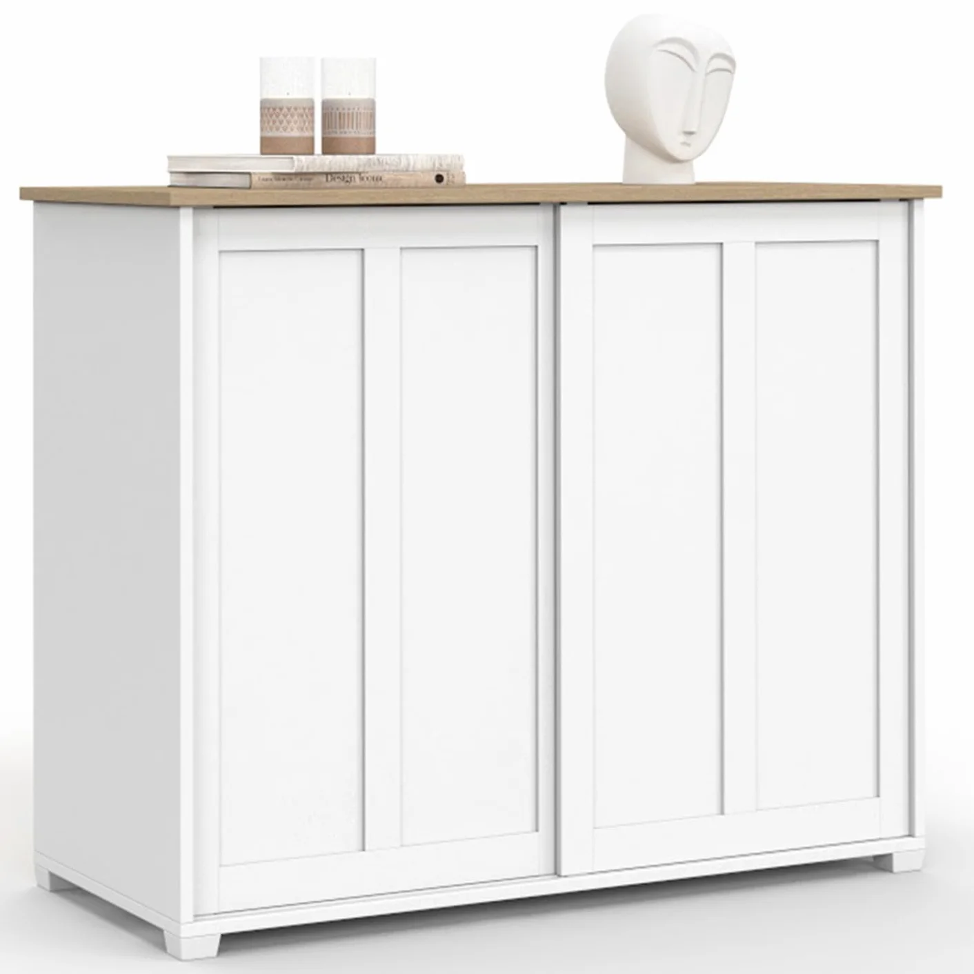 IDMarket - Aparador Jango de 100 cm con 2 puertas correderas, blanco y tablero de madera