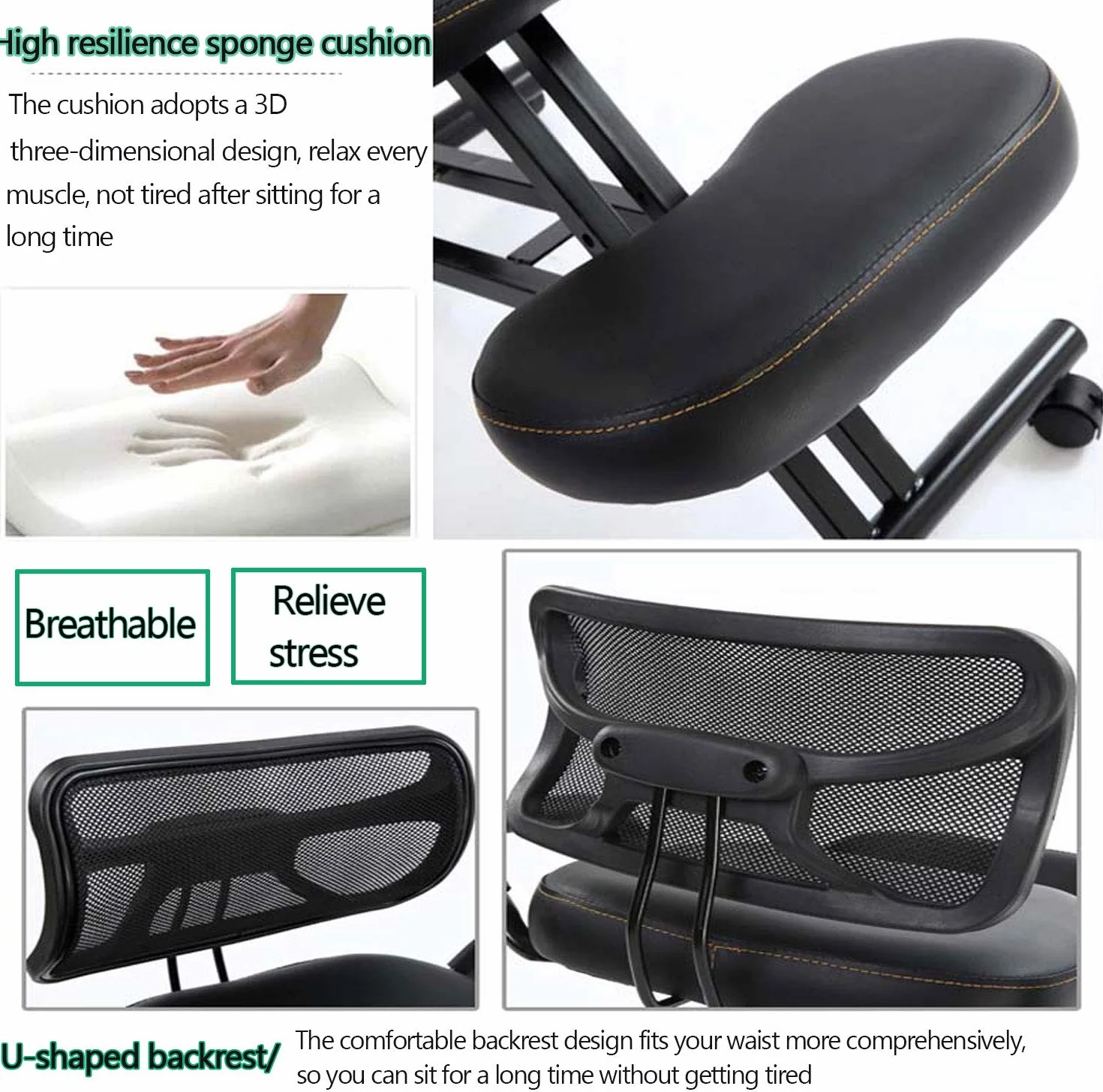 Silla de Rodillas Ajustable en Altura Taburete de Rodillas Ergonómica con Ruedas y Respaldo Sillas Ergonomicas Oficina para Alivia la Fatiga del Cuello y Las Piernas