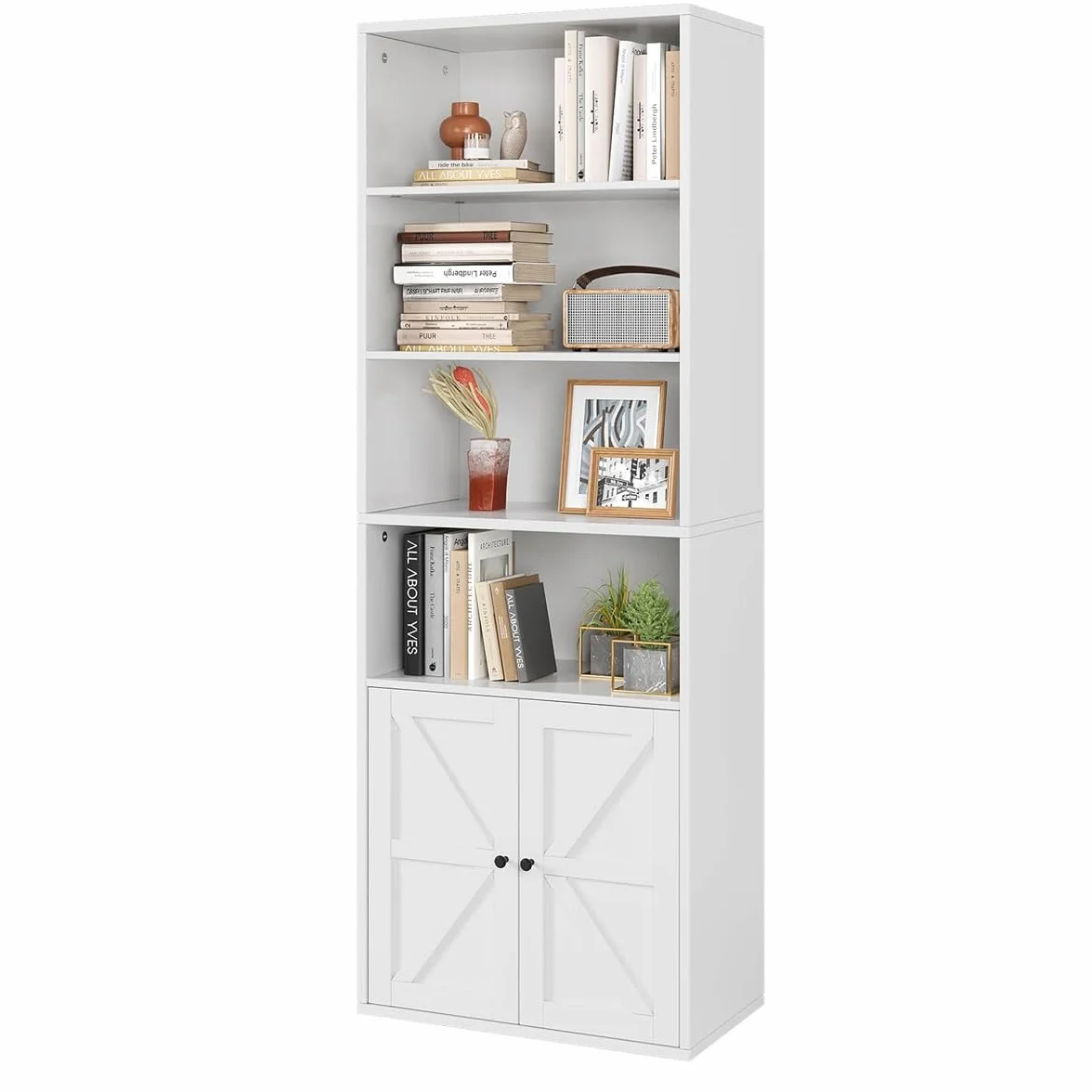 Librería Alta con Puertas de Estilo Granero, Estantería Rústica con 4 Niveles Abiertos y Armario, para Oficina, Estudio, Salón y Dormitorio, Blanco, 60x30x181cm