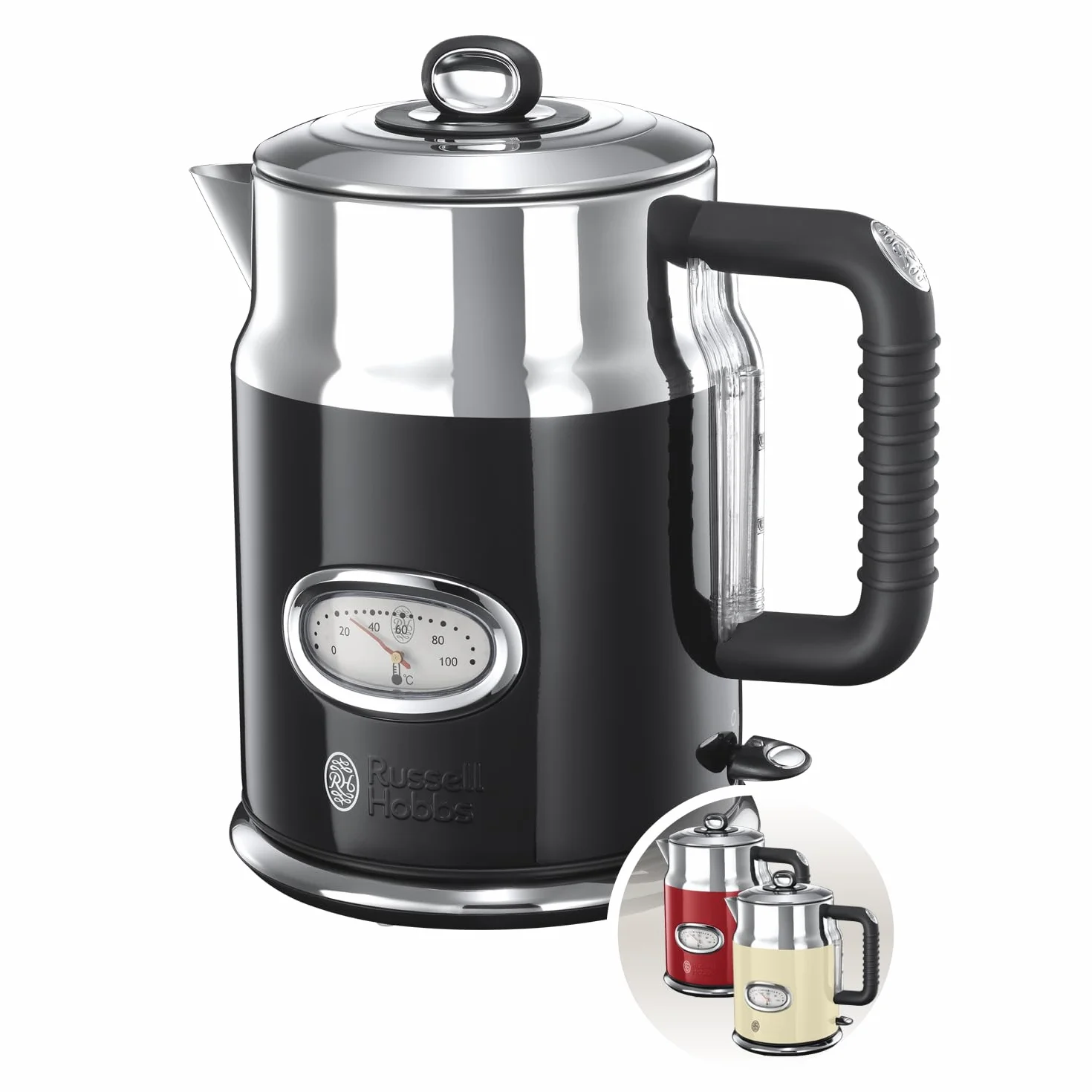 Russell Hobbs Retro - Hervidor de Agua Eléctrico (2400 W, 1,7l, Acero Inoxidable, Negro) - ref. 21671-70