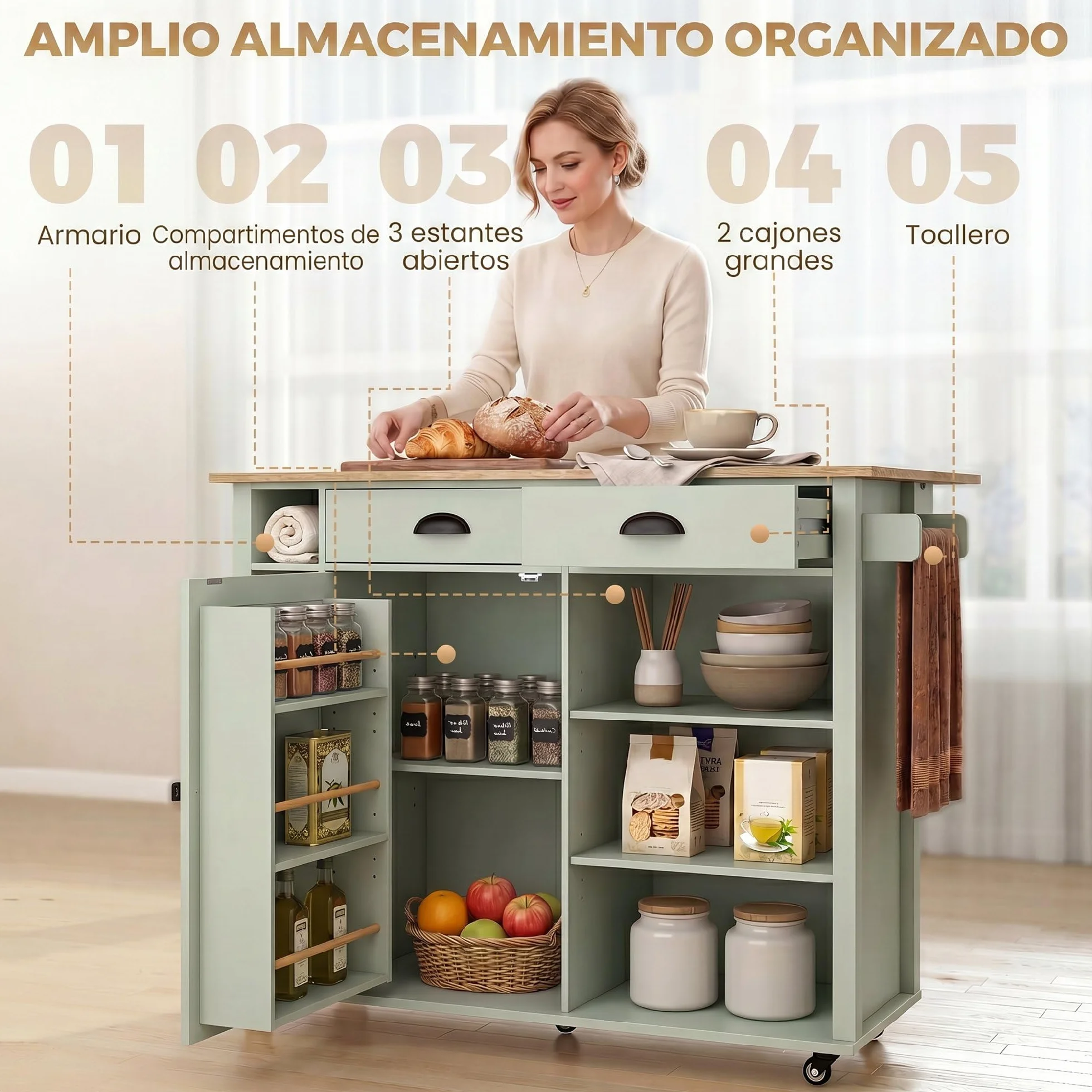 HOMCOM Isla de Cocina con Tablero Plegable y Ruedas, Carrito de Cocina con Estantes en la Puerta, Toallero, Armario, 2 Cajones, Estantes Abiertos, 117,5x70x91 cm, Verde Claro