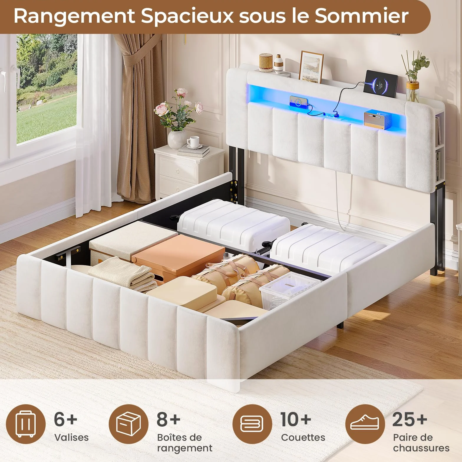 AOGLLATI Cama Matrimonial 140x190 con Almacenamiento Hidráulico Cama Juvenil con Cabecero Cama Multifuncional Cama Canape 140x190 con LED y Carga Integrada Estantería Lateral Cama Terciopelo Beige