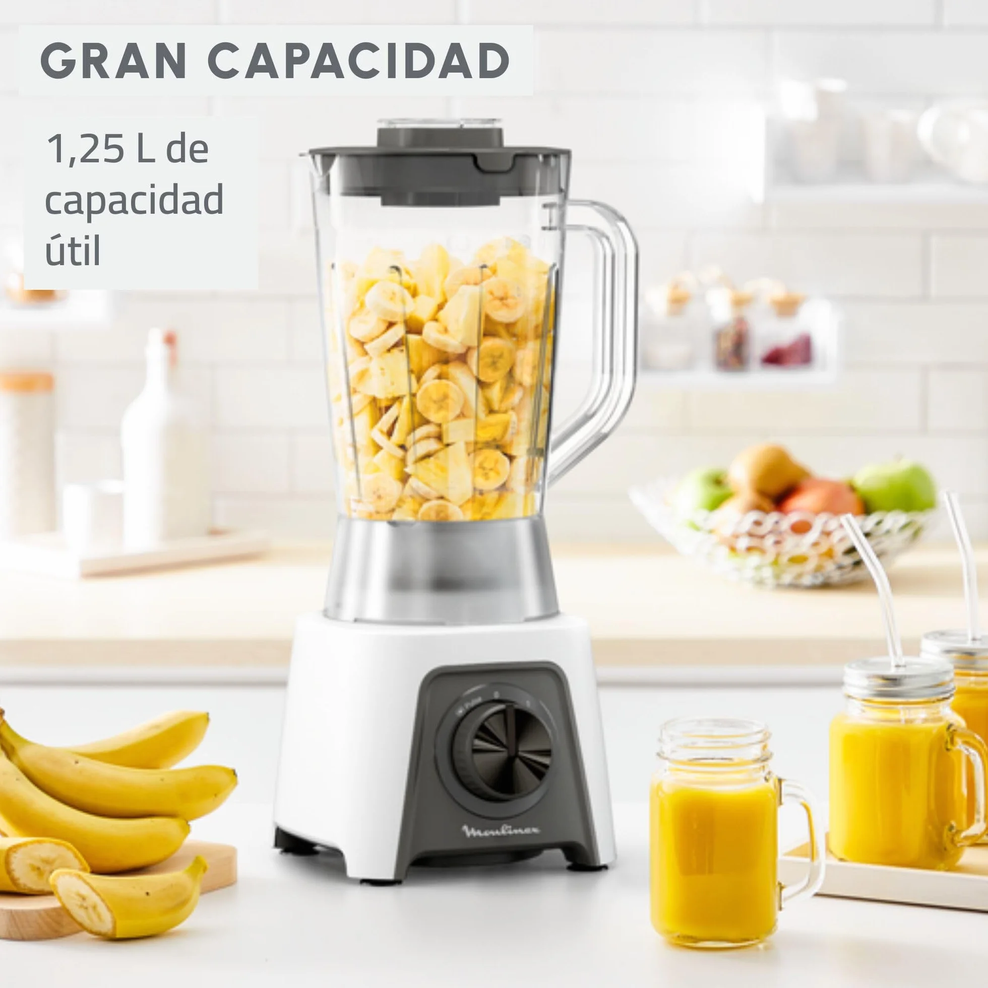 Moulinex Blendeo+, Batidora de vaso de 450 W, Jarra de 1,5 L, 2 velocidades + función Pulse, Pica hielo, Duraforce Label, Sistema de bloqueo inteligente, Cuchillas extraíbles, Blanca, LM2C0110