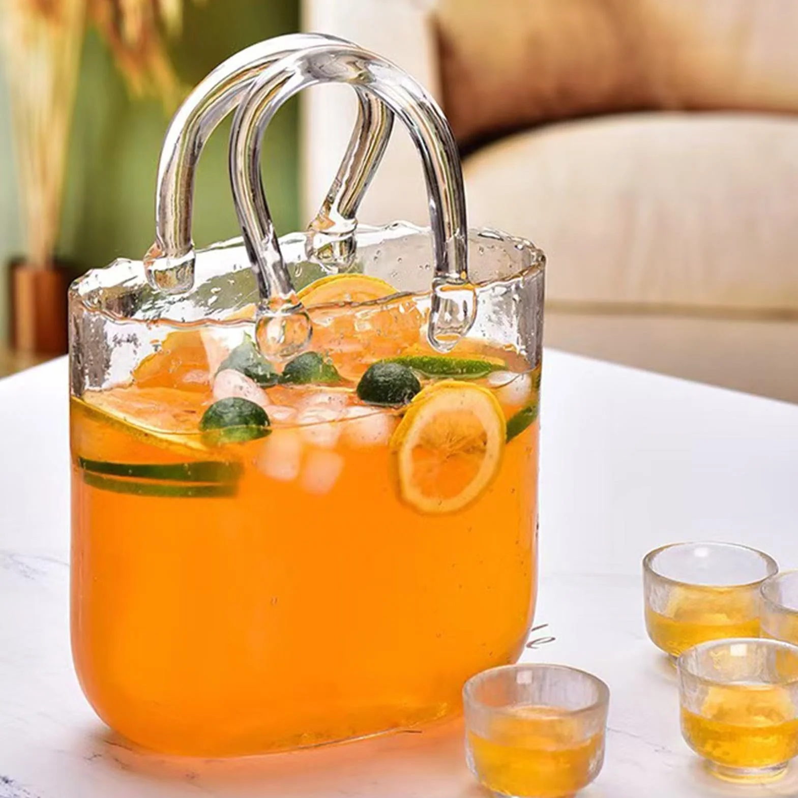 Vasos de Vidrio Set de 2340 ml en Forma de Bolso con 4 Vasos Pequeños | Incluye 4 Vasos Pequeños para , Bodas, Brunch, Té de la Tarde, Reuniones, Cumpleaños, Hogar y Cocina