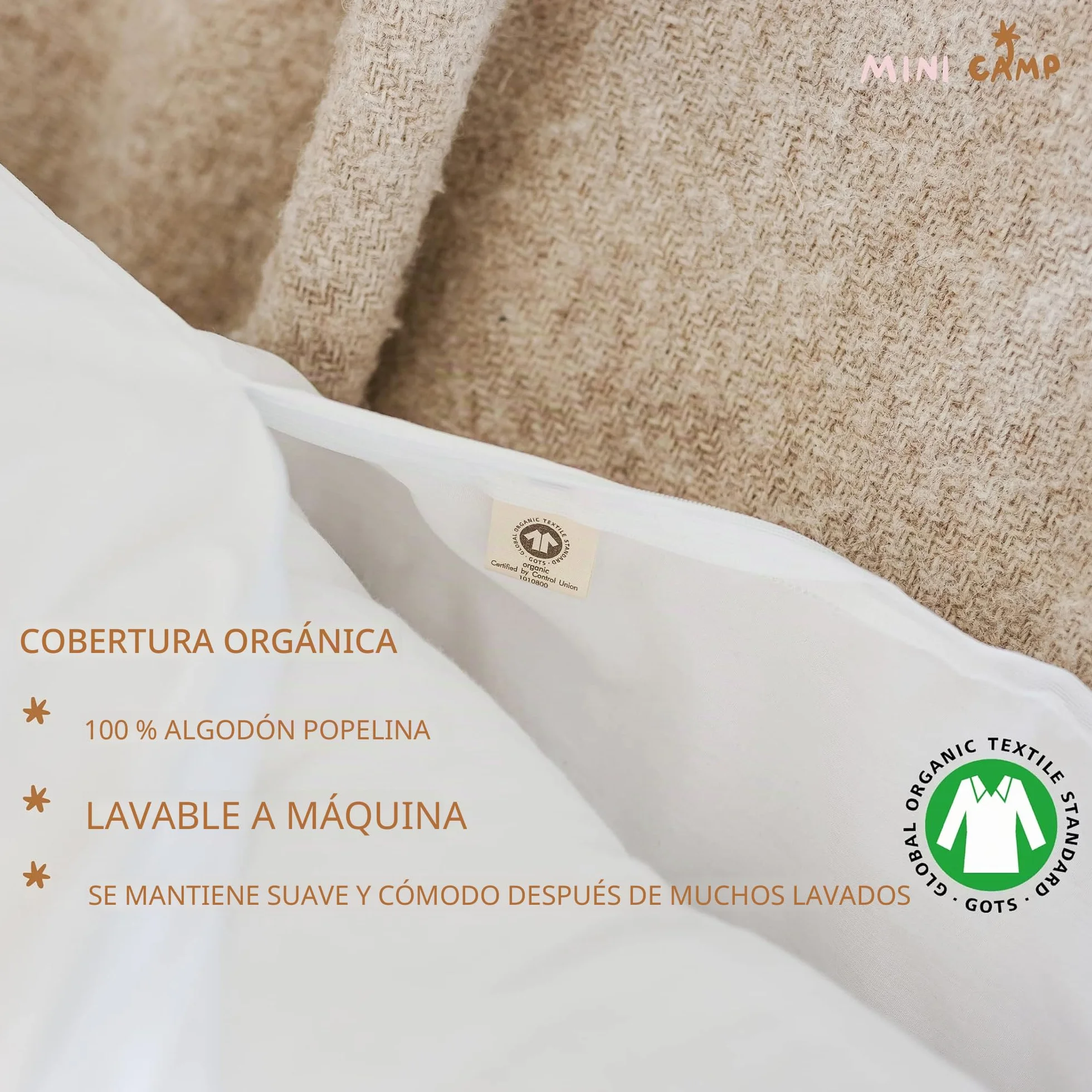 MINICAMP Cojín Embarazada en U | Algodón Orgánico Certificado Gots | Relleno Hipoalergénico Oeko-Tex | Almohada Embarazo para Dormir y Lactancia | Funda Extraíble Lavable