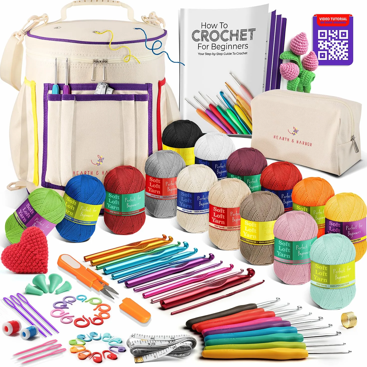 Kit de ganchillo para principiantes con hilo, kit de ganchillo para principiantes para adultos y niños, 21 ganchos, bolsa de kit de tejer, instrucciones paso a paso tutoriales en video, además de