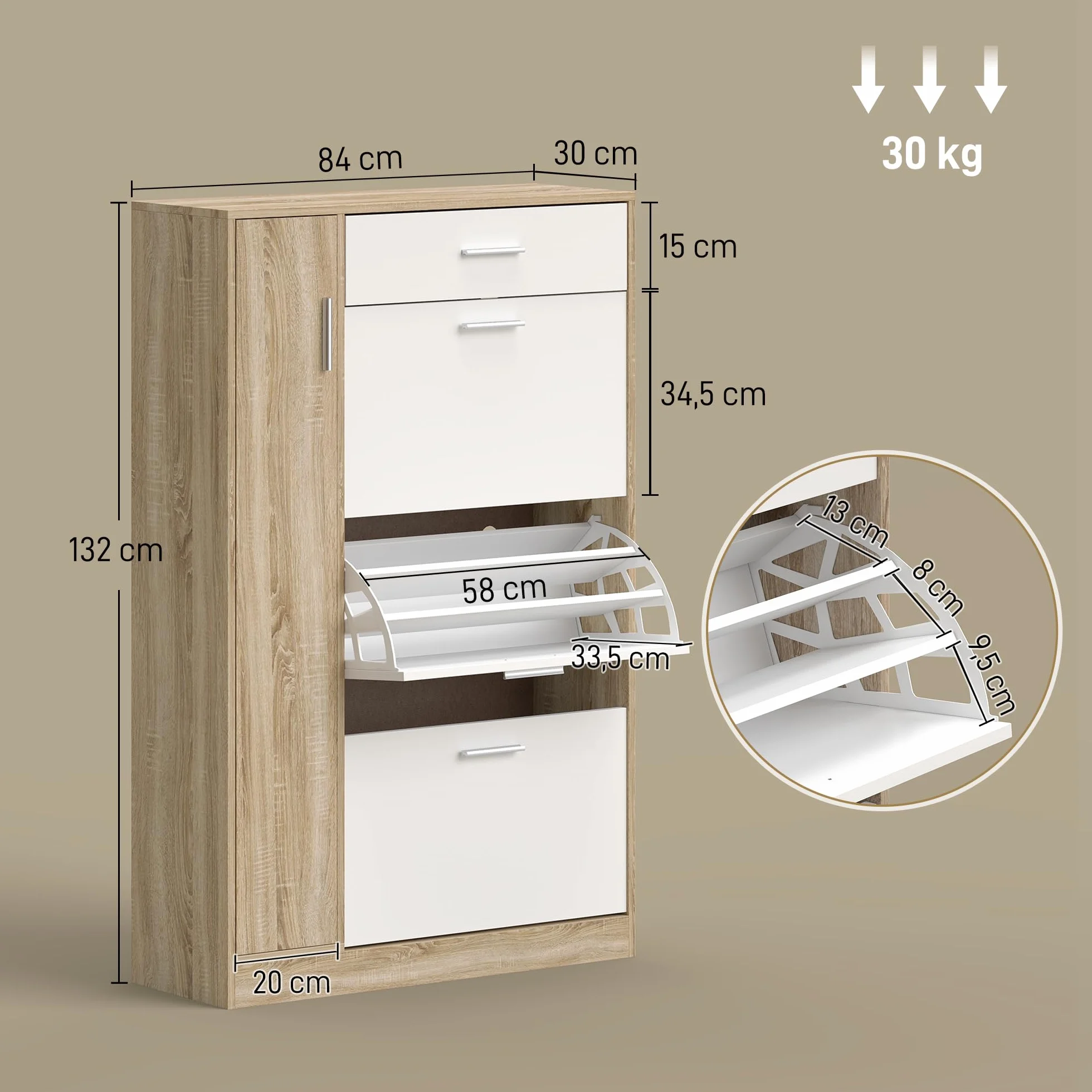 HOMCOM Mueble Zapatero de 3 Puertas para 18-27 Pares de Zapatos Zapatero Moderno con Cajón y Puerta para Salón Entrada Dormitorio 84x30x132 cm Natural