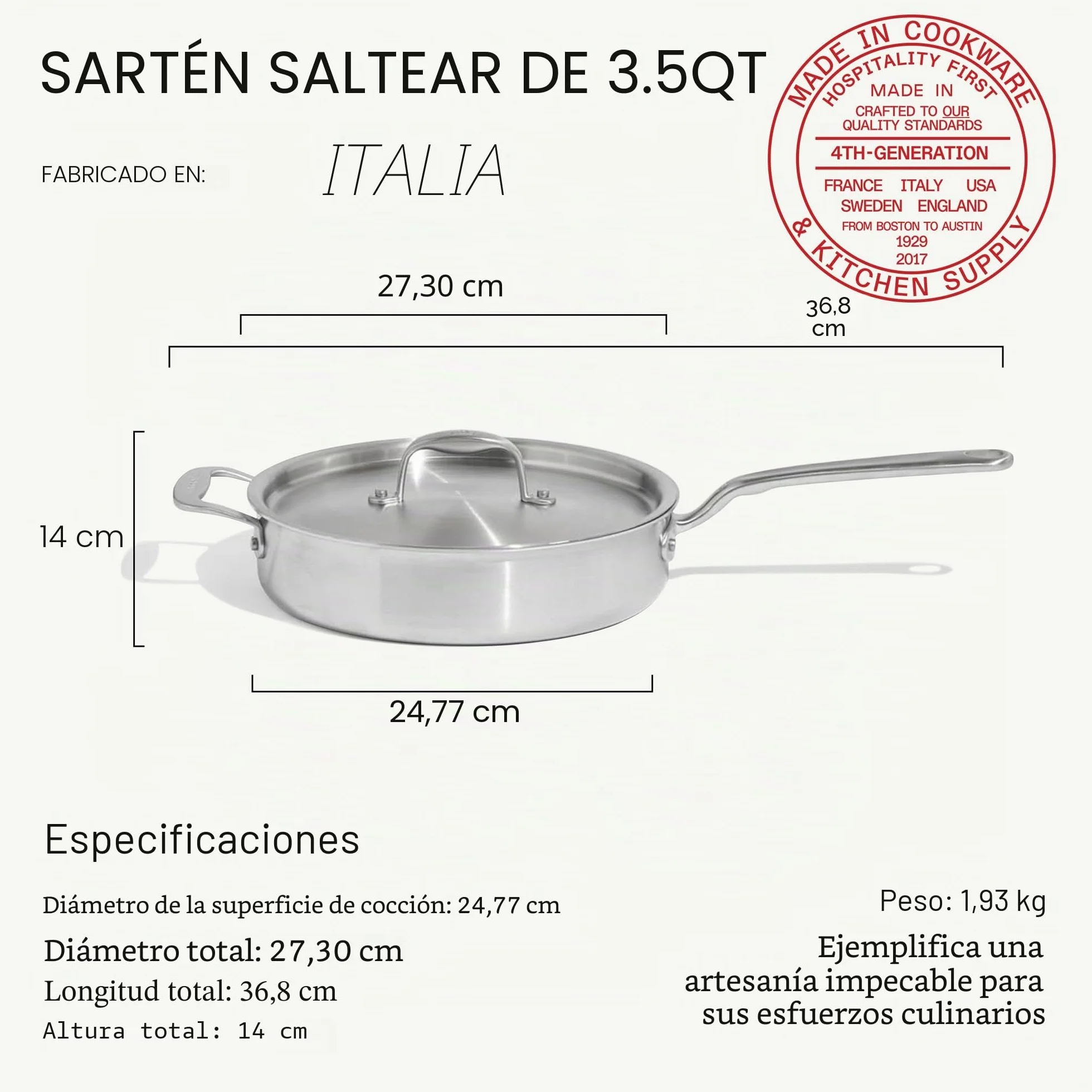 Made In Cookware - Sartén antiadherente de cerámica de 3.5 cuartos de galón con tapa, revestimiento de acero inoxidable de 5 capas, utensilios de cocina profesionales, fabricado en Italia, compatible