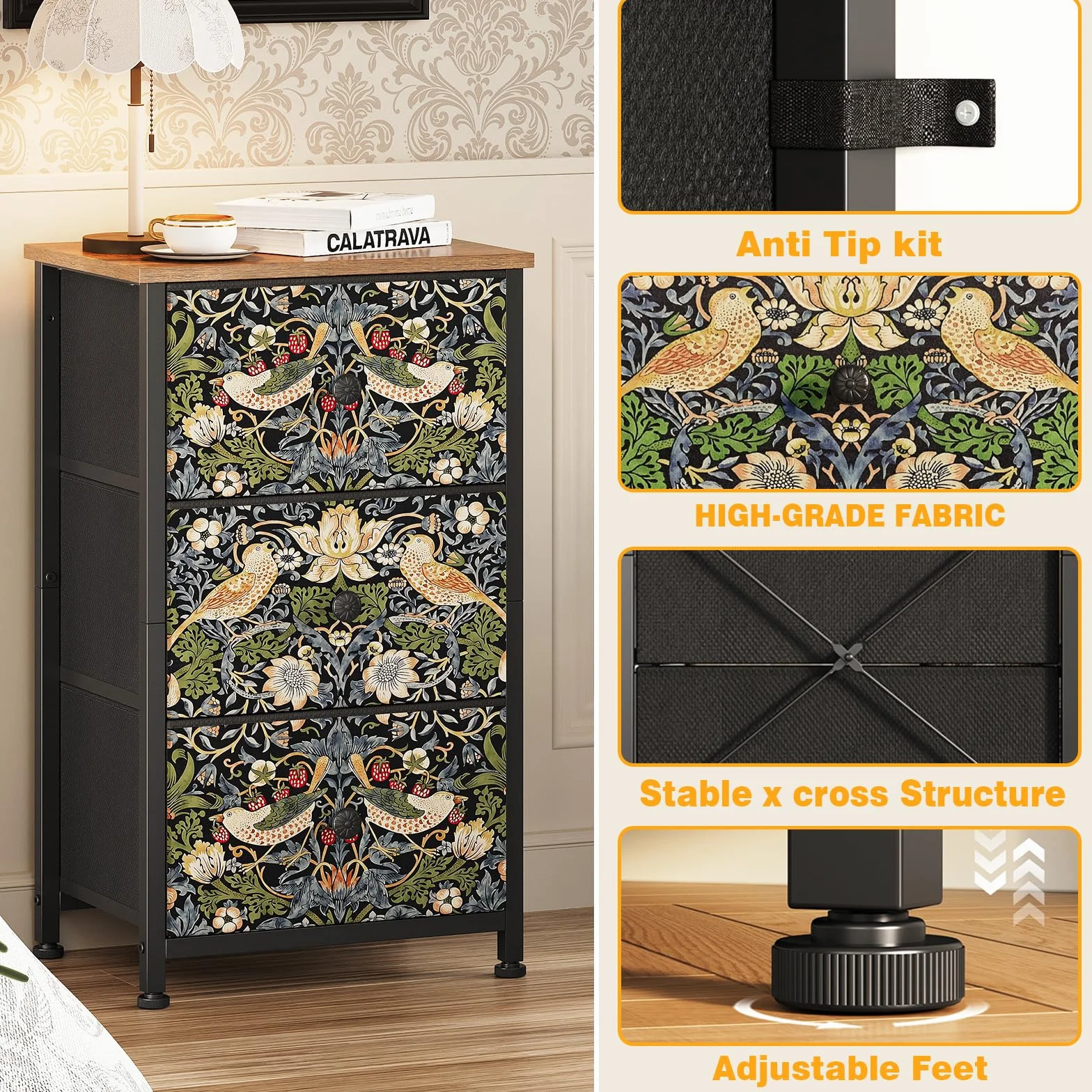 Cómoda con cajones de tela, cómoda de tela con 3 cajones de tela, armario de almacenamiento para dormitorio, sala de estar y pasillo, patrón decorativo de fresas y pájaros, estructura de