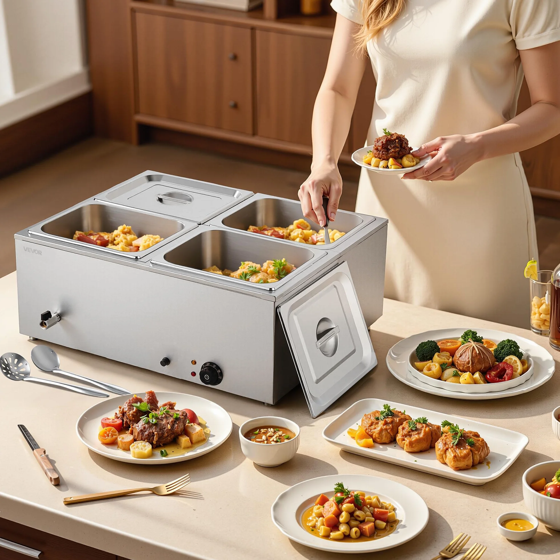 VEVOR Calentador de Alimentos 1500 W Acero Inoxidable 4 Bandejas Baño María