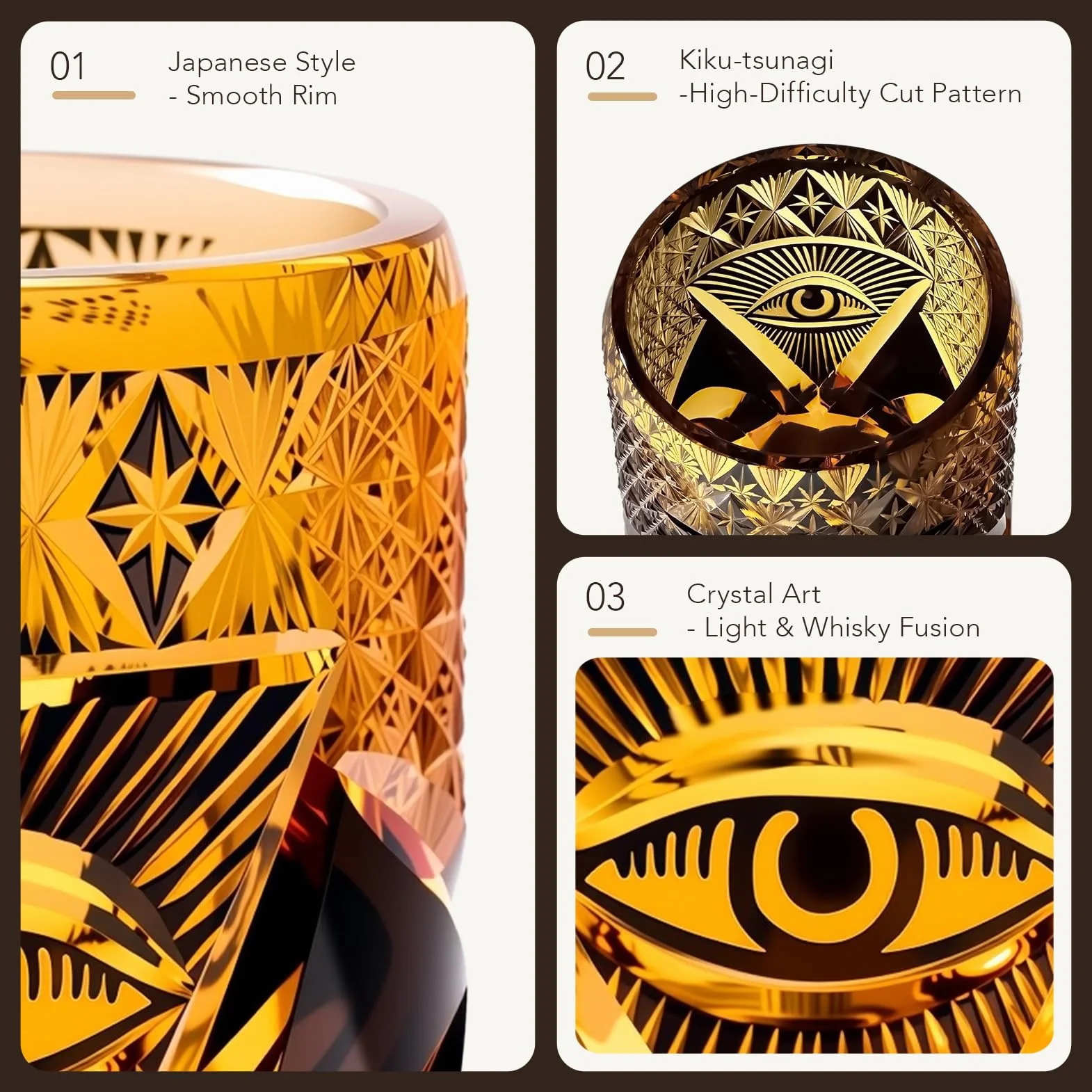 Vaso de whisky de cristal hecho a mano Kiriko japonés ojo místico ámbar real – Vaso de vaso de degustación whisky Bourbon Cognac Lowball – Regalo para hombre de lujo original
