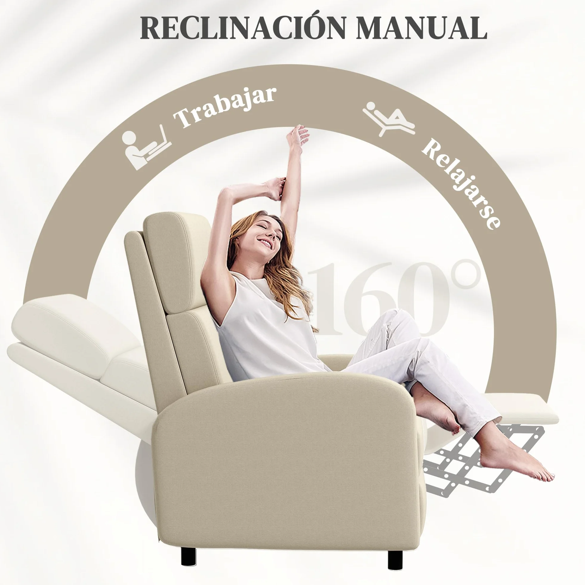 HOMCOM Sillón Relax Reclinable Manual Sillón Relax Tapizado en Lino Sintético con Reposapiés Respaldo Alto Carga 120 kg Butaca Reclinable para Dormitorio Oficina Crema